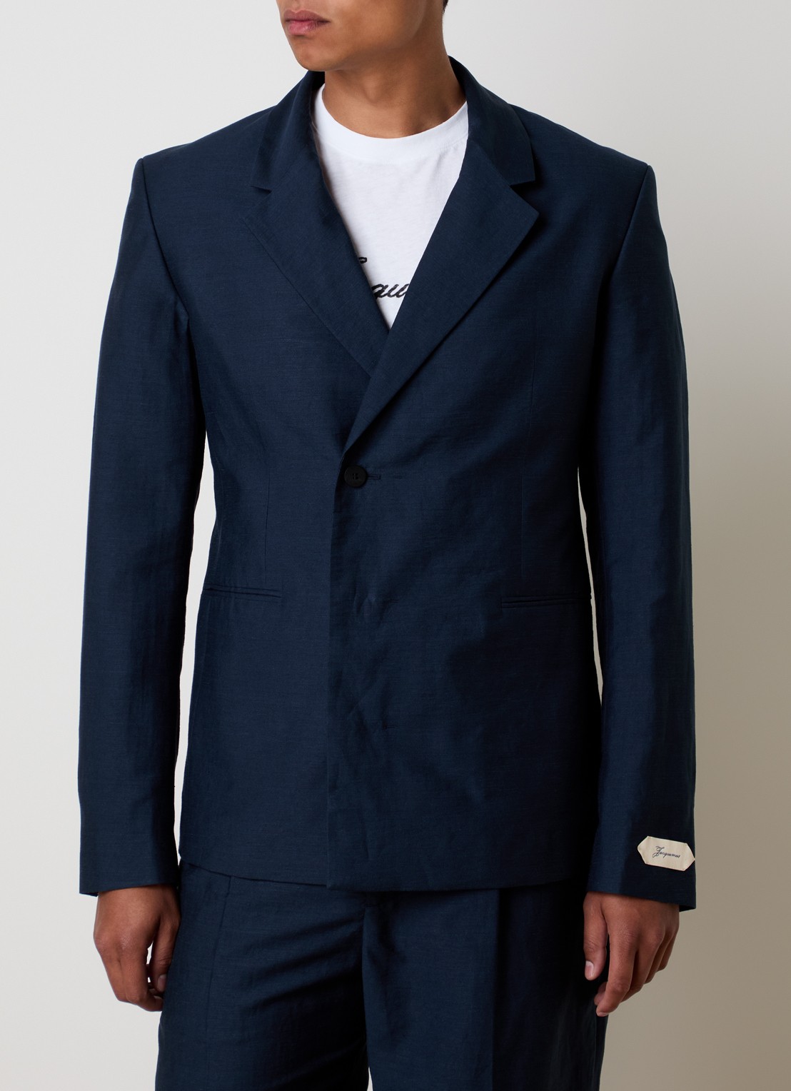 Jacquemus Melo regular fit colbert in linnenblend - detail 3 donkerblauw