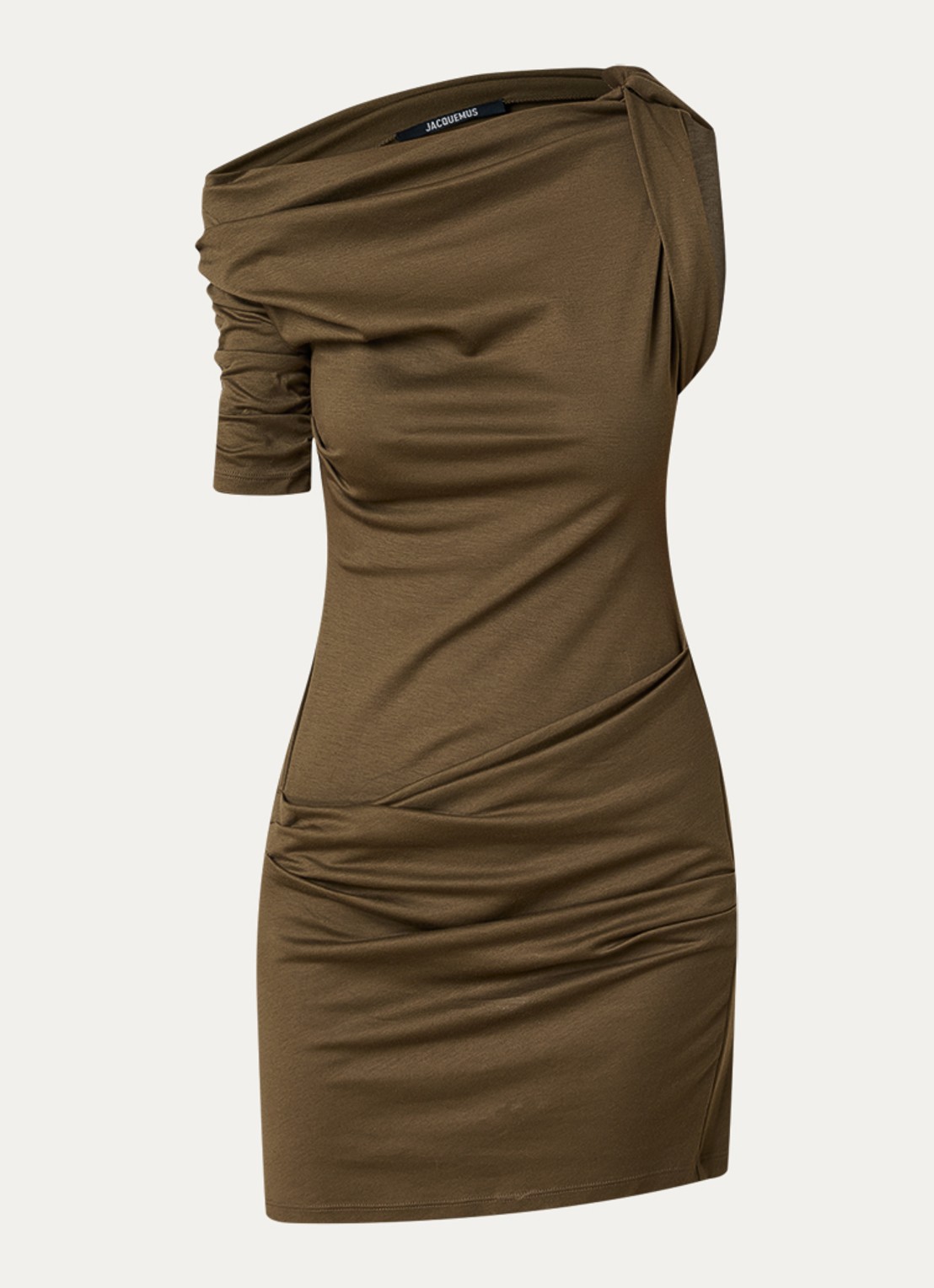 Jacquemus Mini jurk in zijdeblend met asymmetrische hals - voorkant khaki