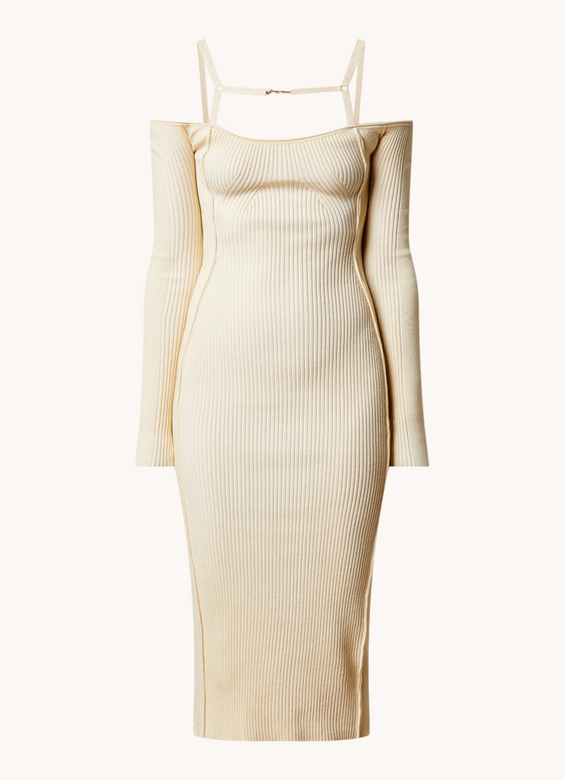 Jacquemus Sierra ribgebreide midi jurk met logo - voorkant ivoor