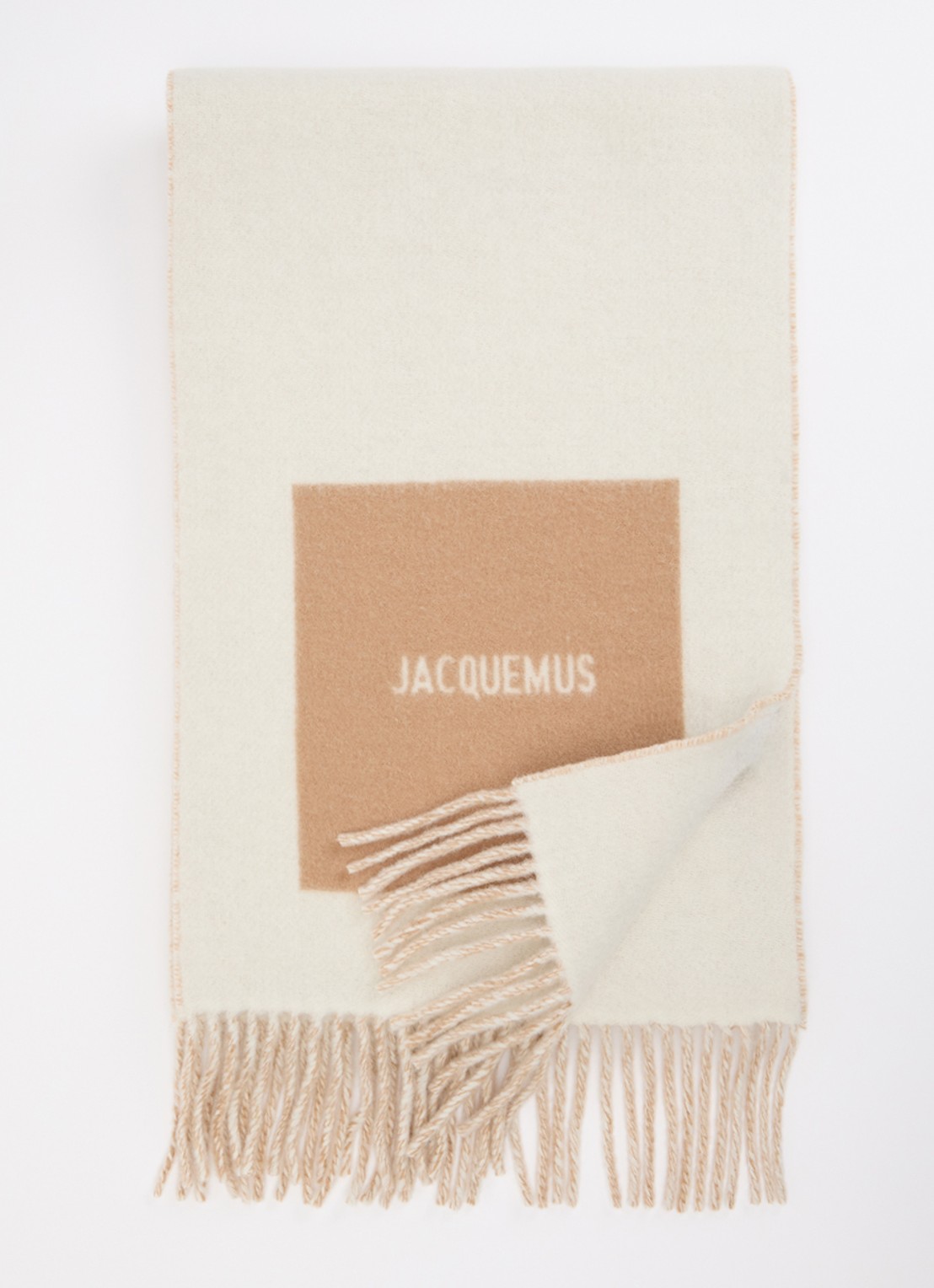 Jacquemus Sjaal van wol met logoprint 190 x 30 cm - voorkant beige