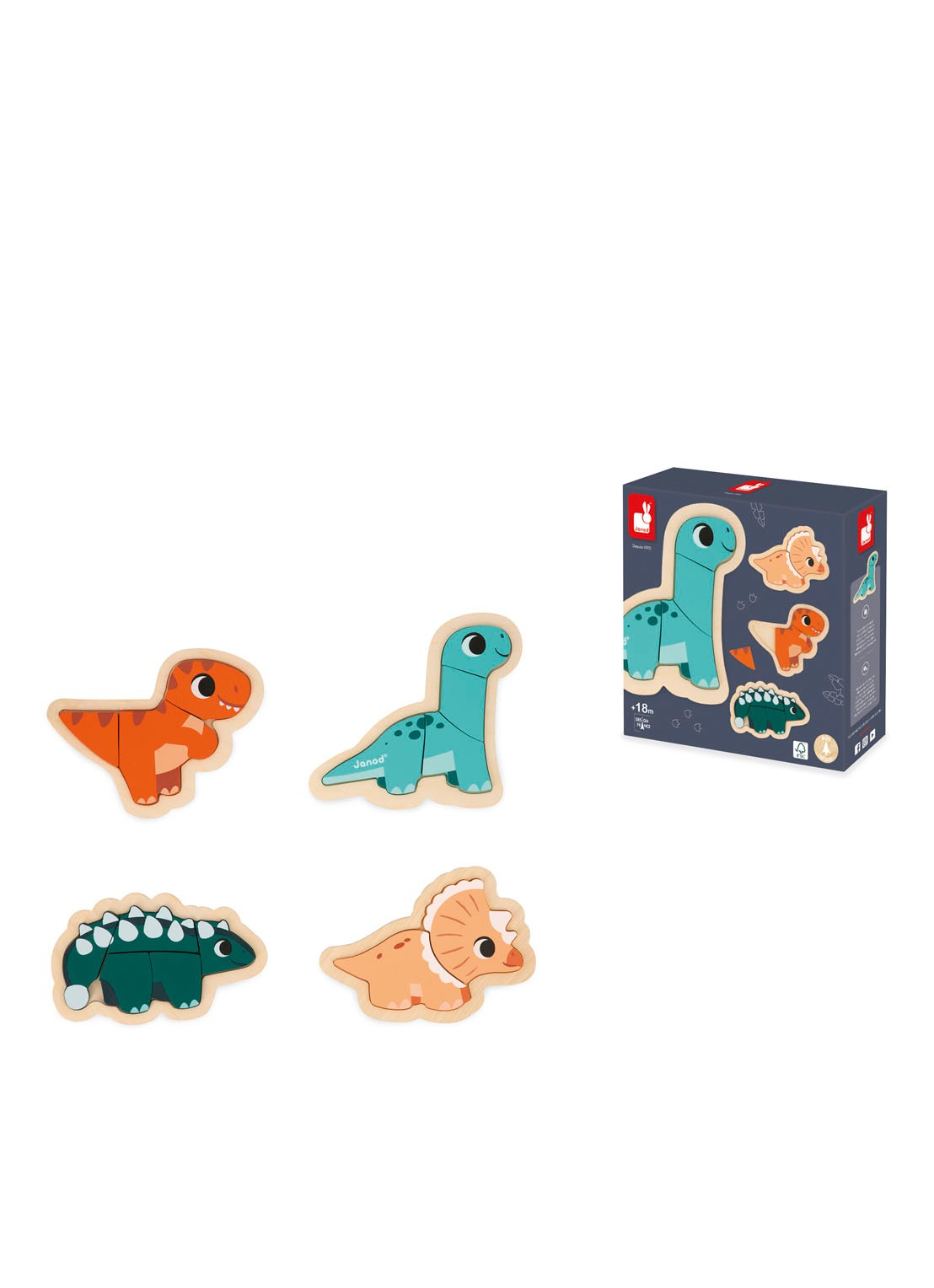 Janod Dino 4 moeilijkheden puzzelset - voorkant 3 multicolor