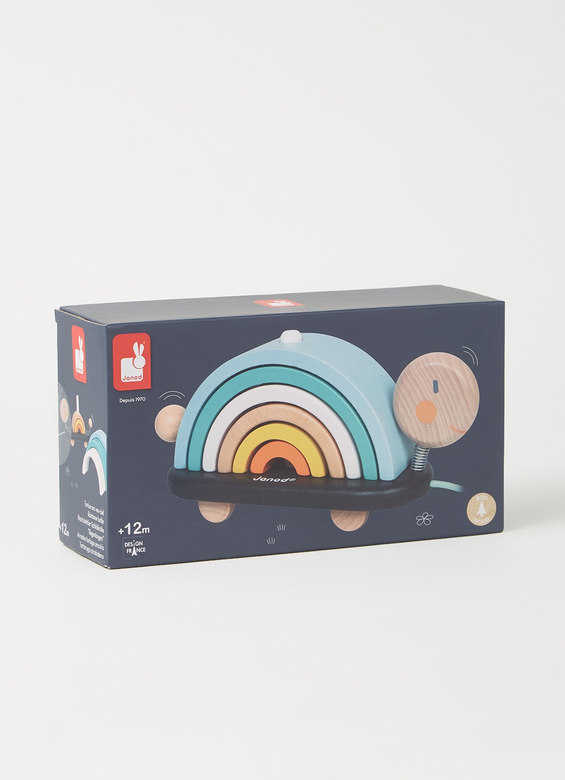 Janod Sweet Cocoon trekfiguur regenboogschildpad - voorkant 2 lichtblauw