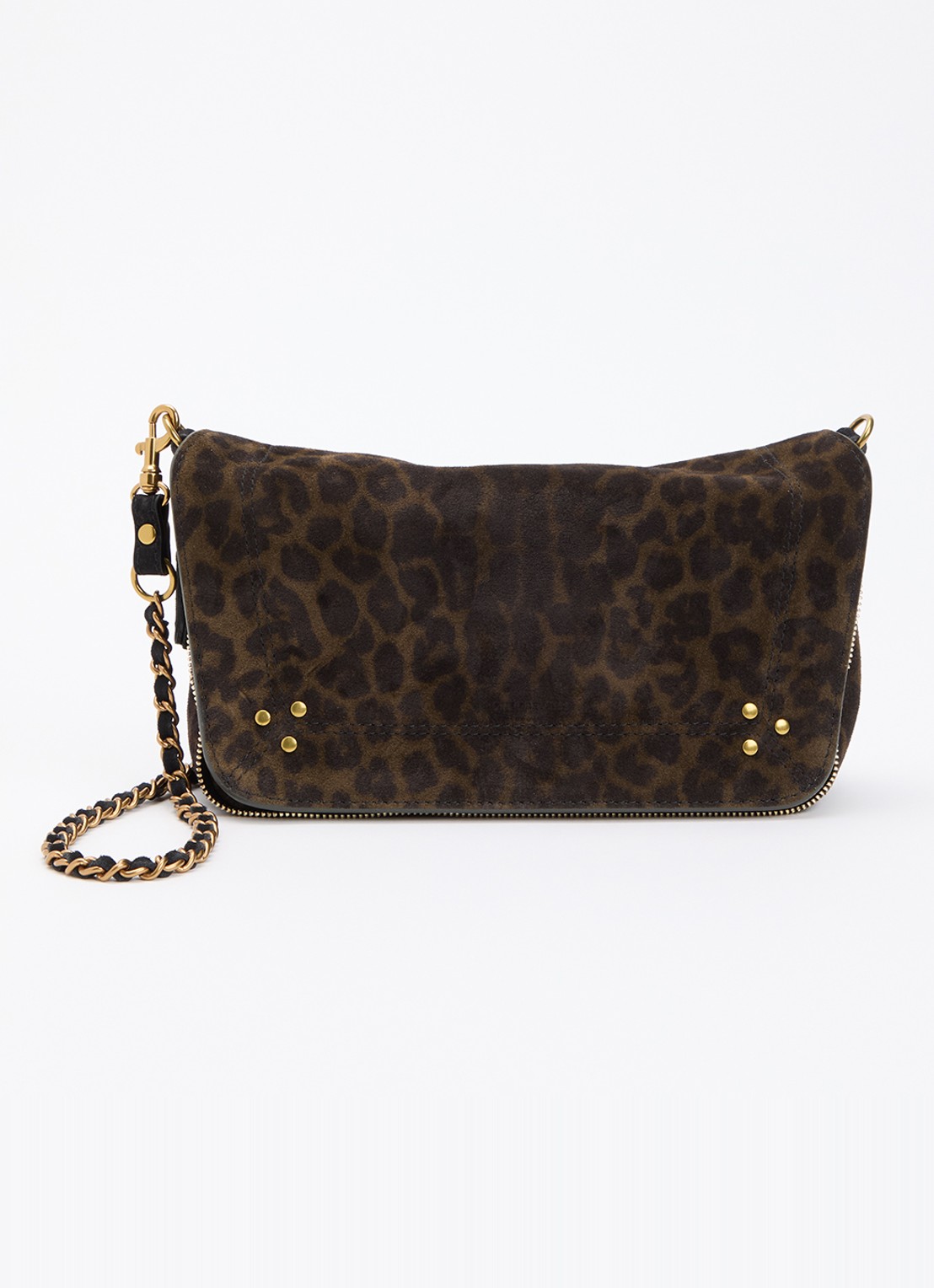 Jérôme Dreyfuss Bobi S crossbodytas van kalfssuède met panterprint - voorkant 6 donkerkhaki