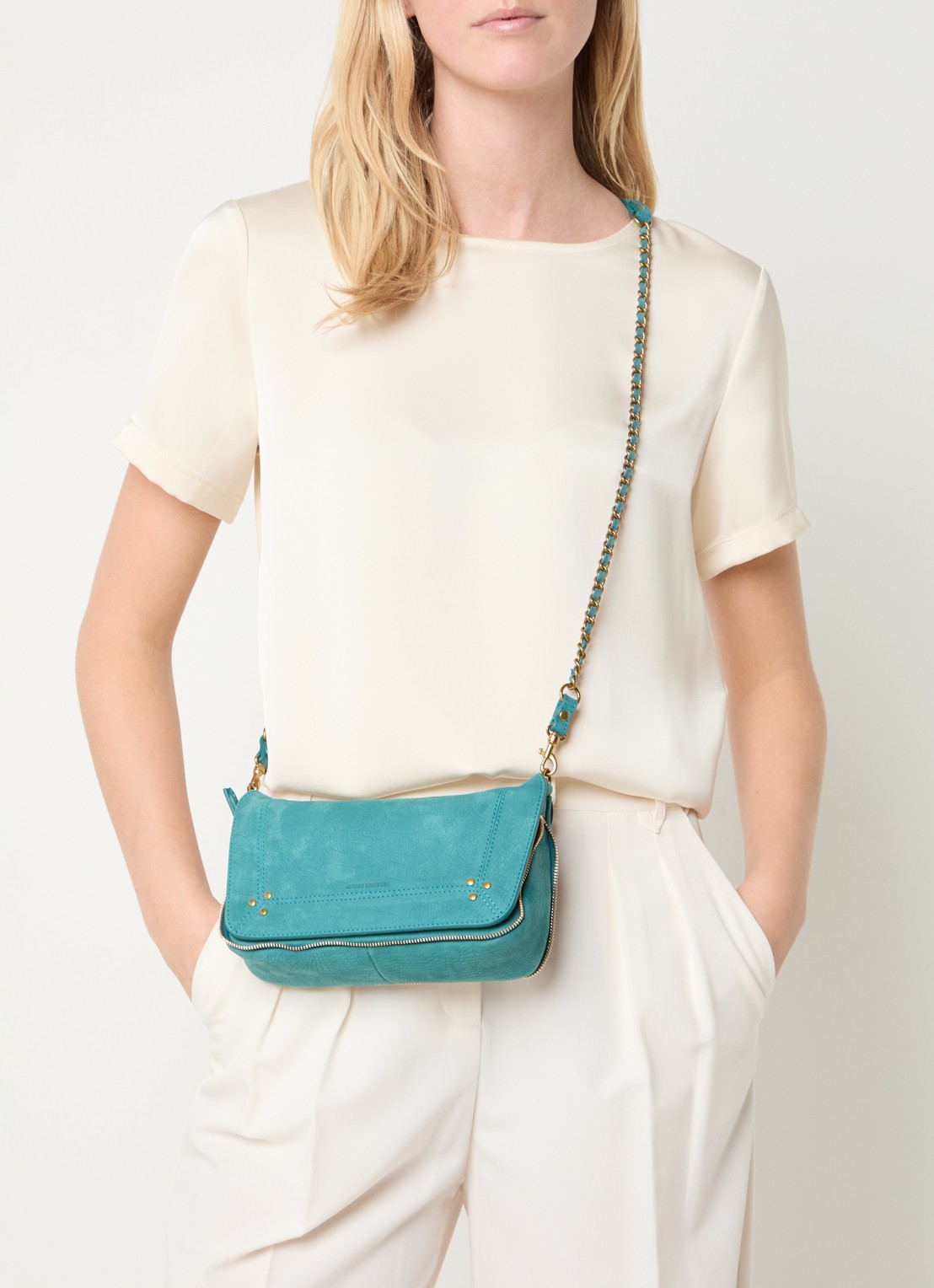 Jérôme Dreyfuss Bobi S crossbodytas van suède met crocostructuur - voorkant 2 turquoise