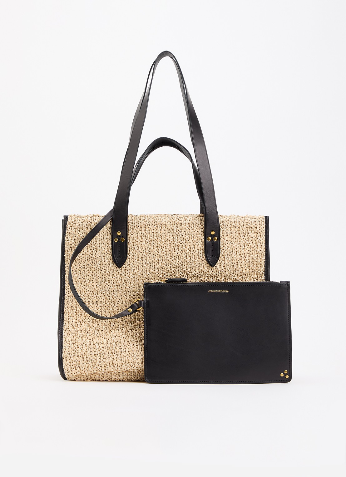 Jérôme Dreyfuss Leon M shopper van raffia met uitneembaar etui - voorkant beige