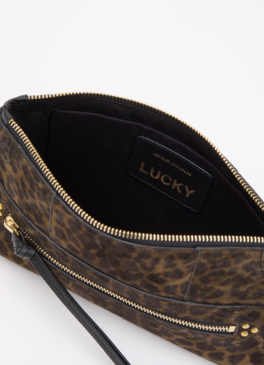 Jérôme Dreyfuss Lucky clutch van kalfssuède met panterprint - detail 2 donkerkhaki