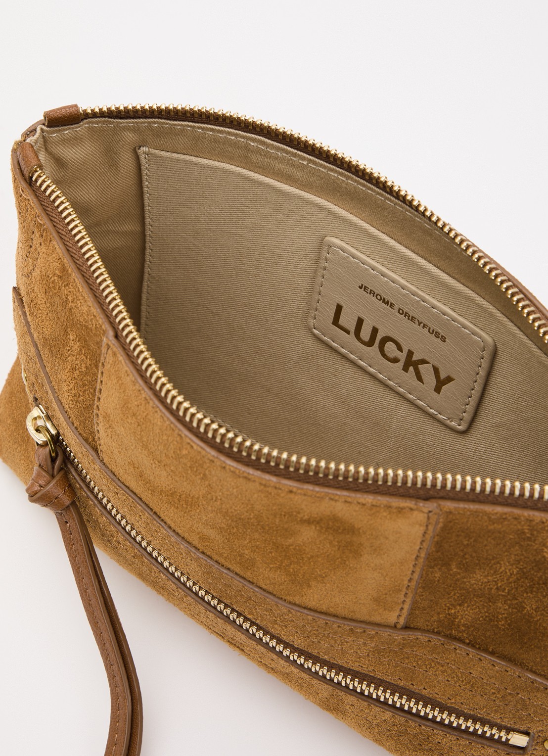 Jérôme Dreyfuss Lucky clutch van kalfssuède - detail cognac