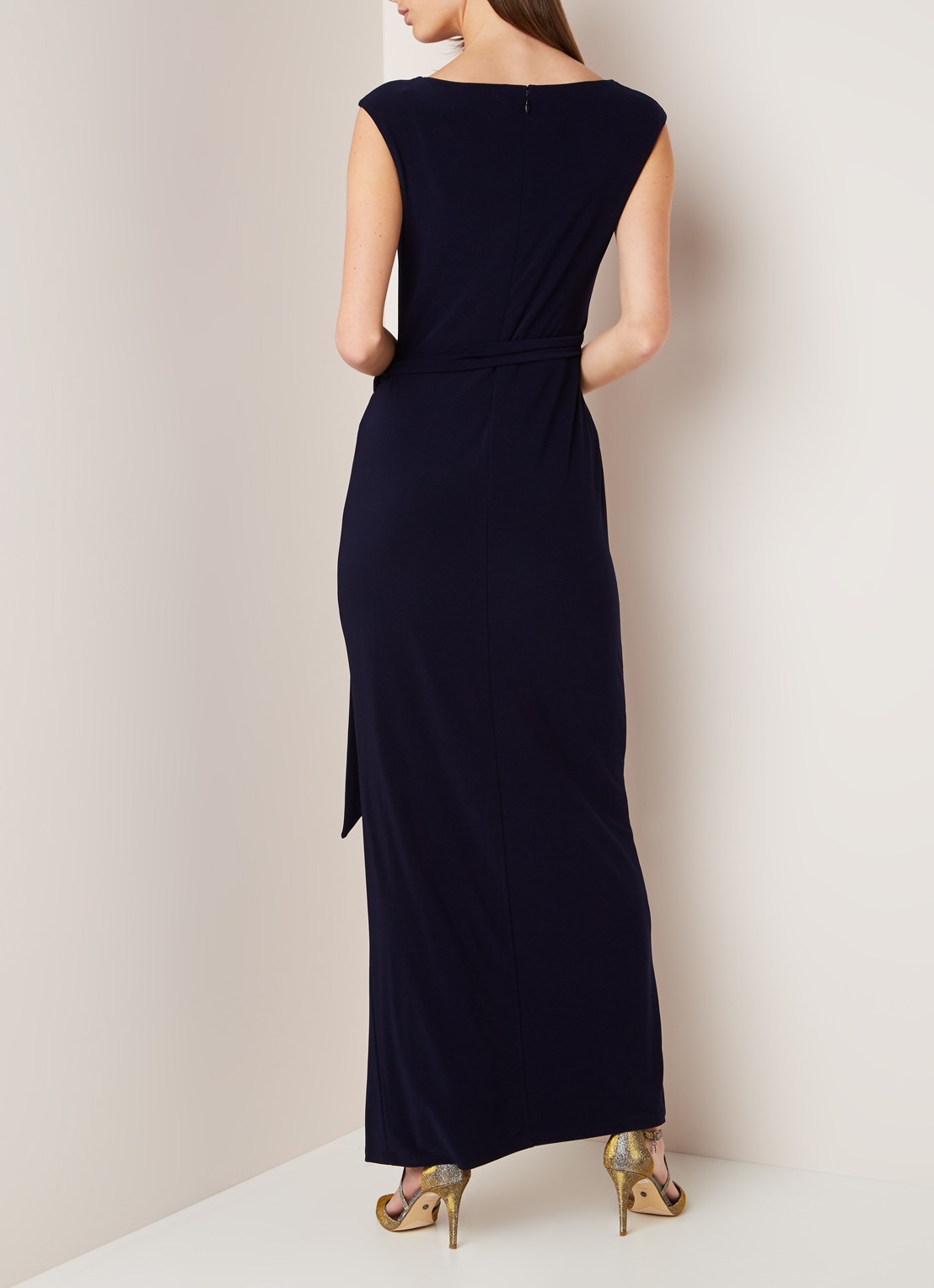 Jersey maxi jurk met strikceintuur en split - achterkant donkerblauw