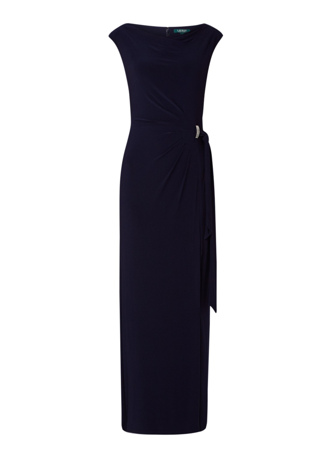 Jersey maxi jurk met strikceintuur en split - voorkant 3 donkerblauw