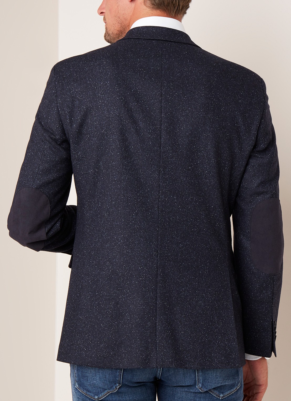 Jestor5 regular fit colbert in gemêleerde wolblend met elleboogstukken - achterkant donkerblauw