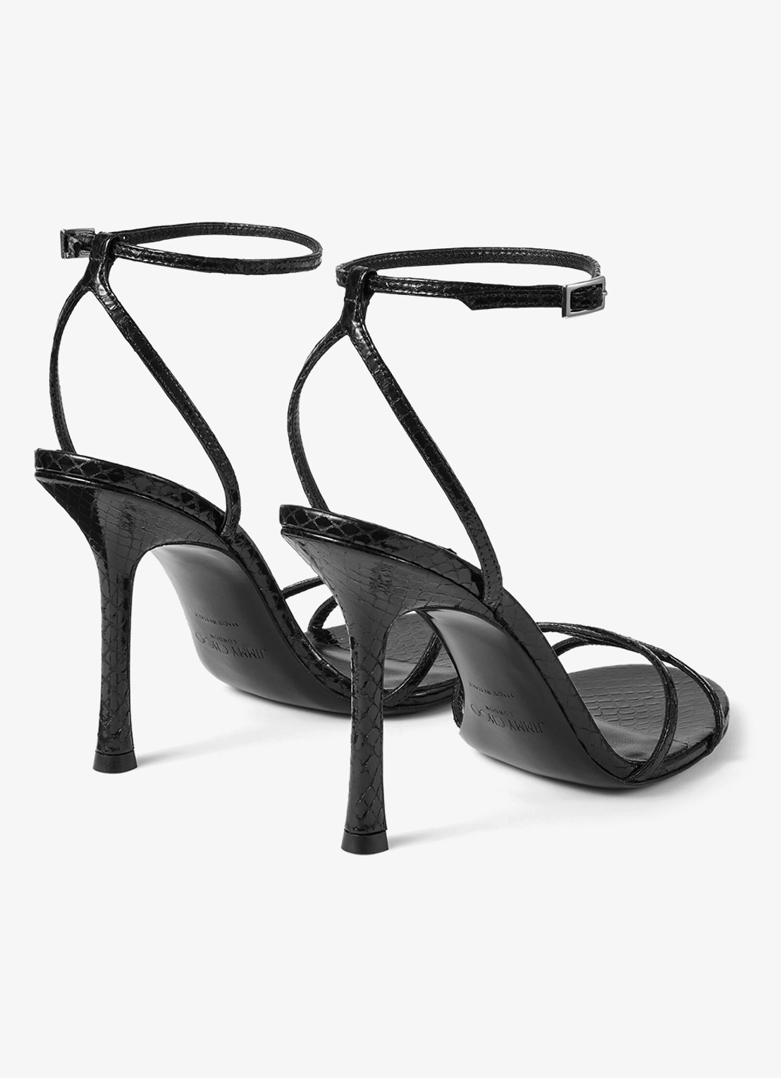 Jimmy Choo 1998 Leo 100 sandalette van geitenleer met slangenstructuur - achterkant zwart