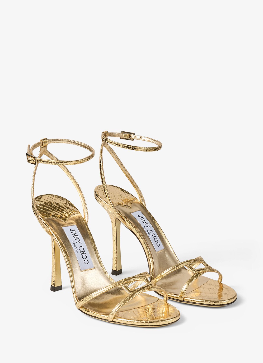 Jimmy Choo 1998 Leo 100 sandalette van geitenleer met slangenstructuur - voorkant 5 goud