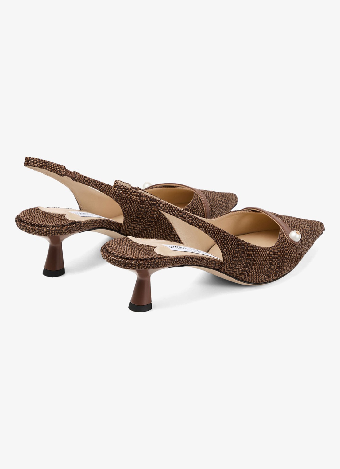 Jimmy Choo Amita 45 slingback van raffia met leren details - achterkant bruin