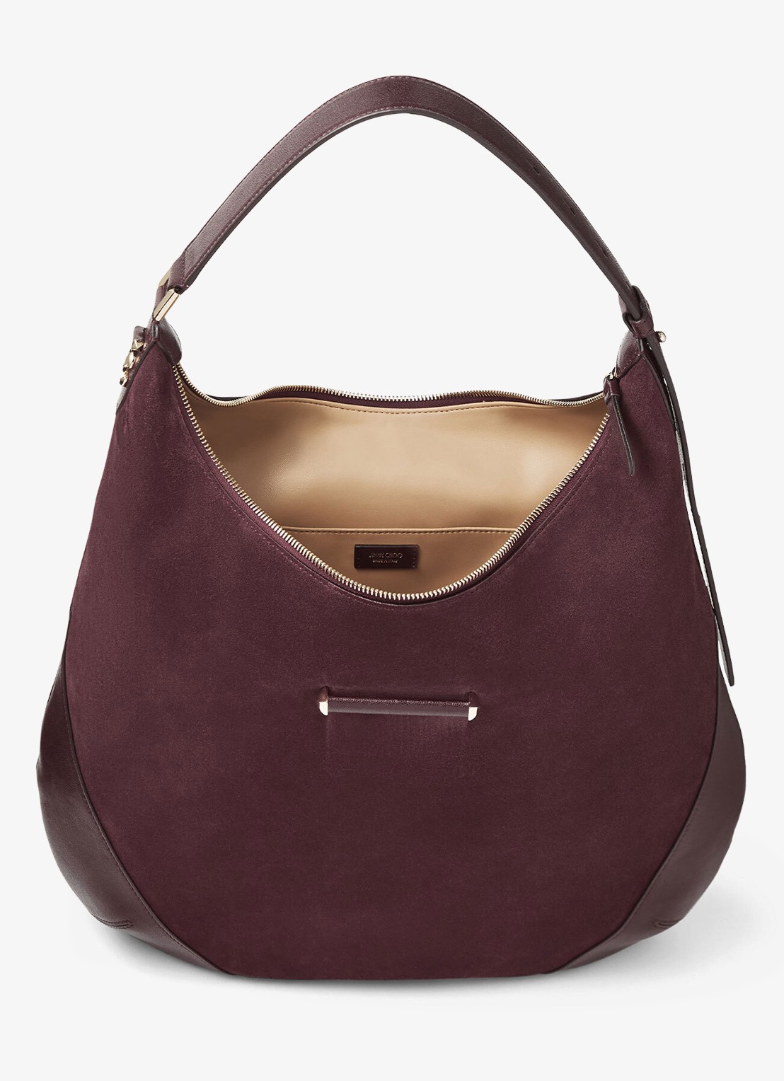 Jimmy Choo Bar Hobo/M schoudertas van suède - detail 5 bordeauxrood
