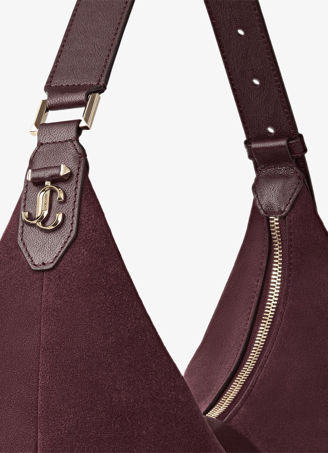 Jimmy Choo Bar Hobo/M schoudertas van suède - detail 6 bordeauxrood