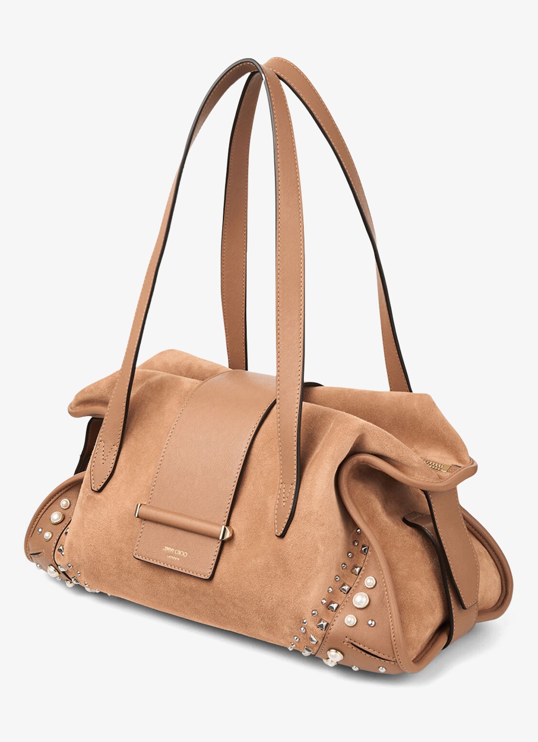 Jimmy Choo Bar Holdall Medium schoudertas van suède met studs - voorkant 2 bruin
