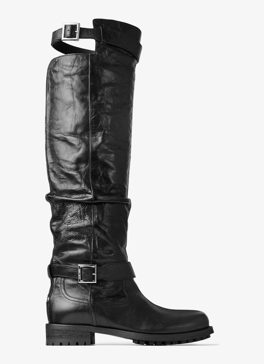 Jimmy Choo Biker overknee laars van lamsleer - voorkant zwart