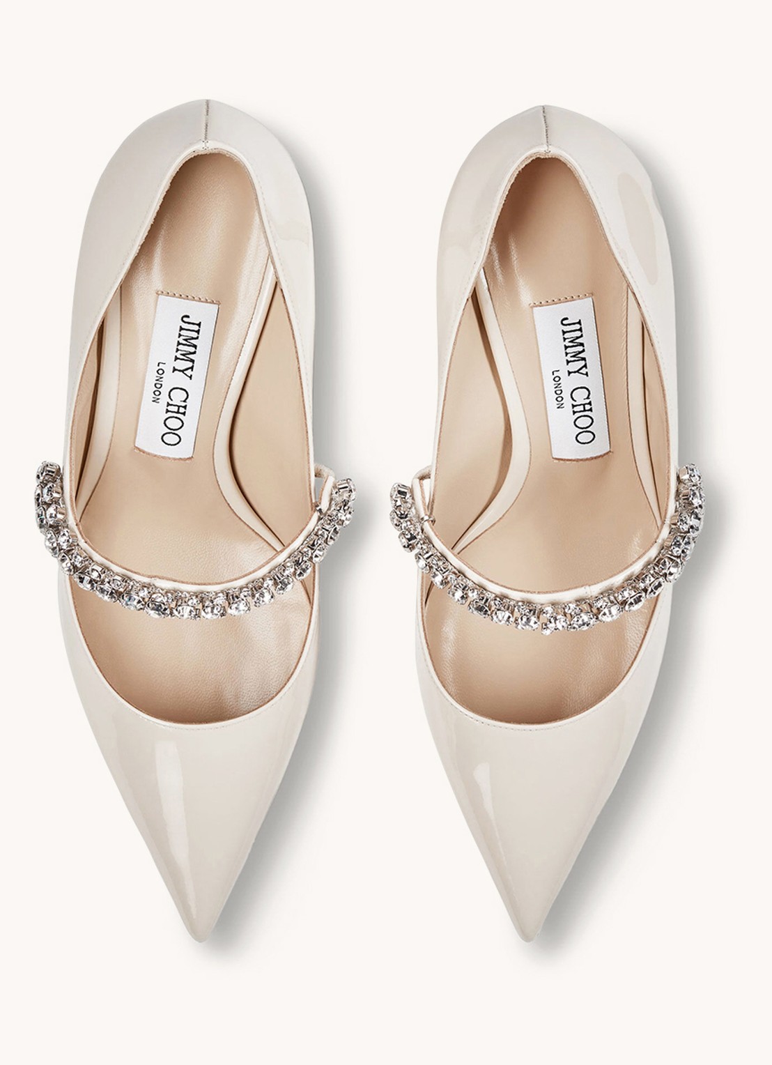 Jimmy Choo Bing 65 pump van lakleer met strass - detail 3 gebroken wit