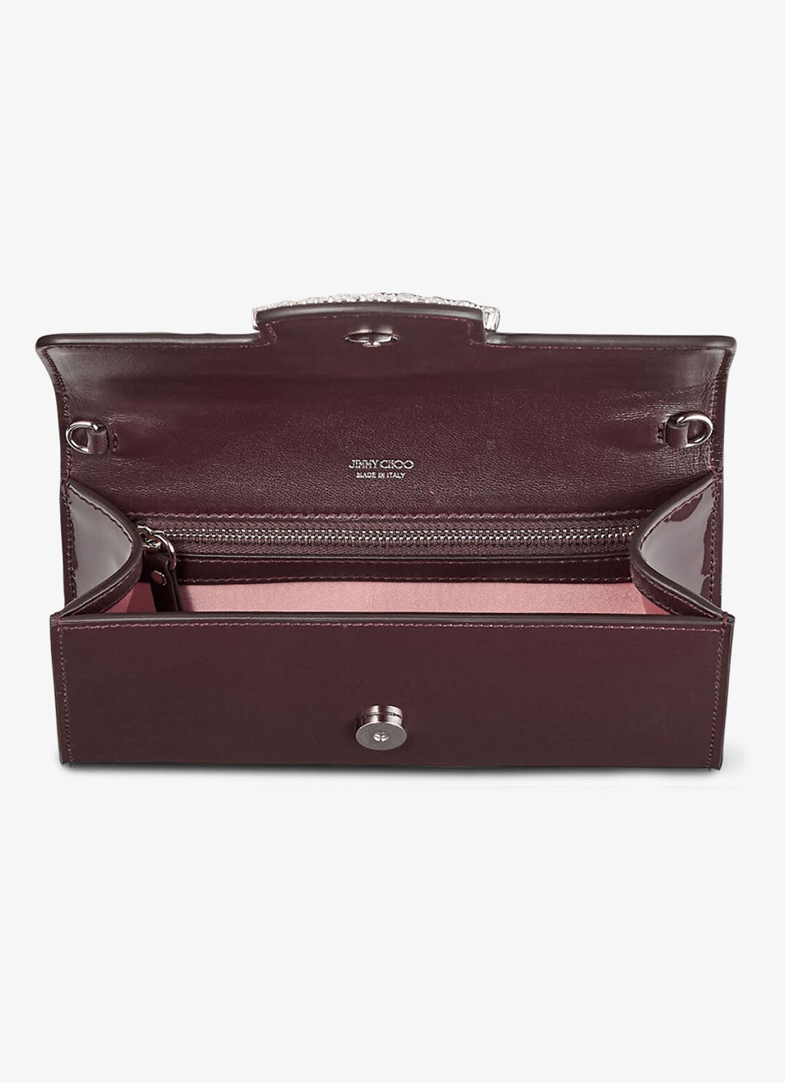 Jimmy Choo Bing clutch van lakleer met afneembare schouderriem - detail 3 deep merlot