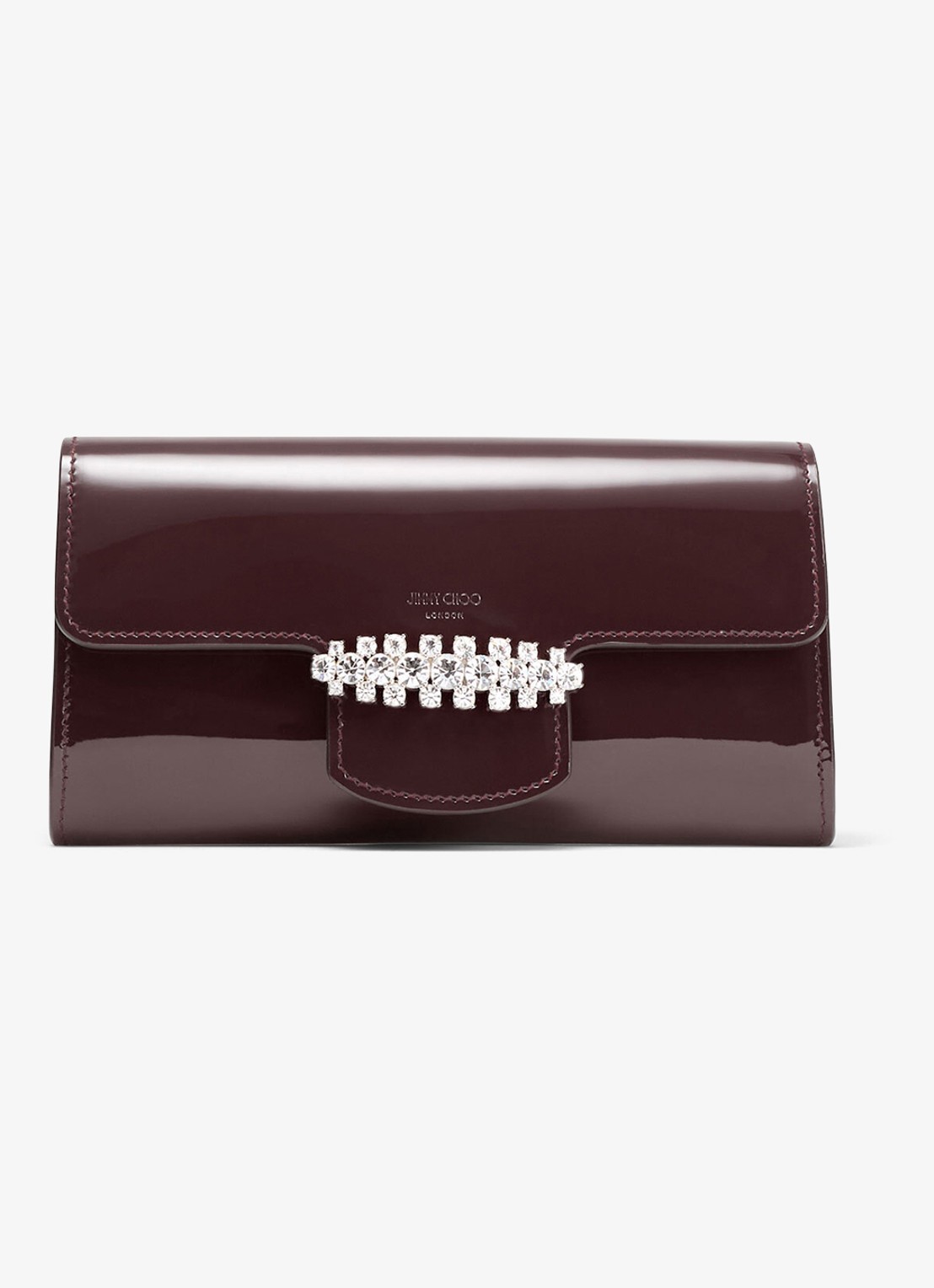 Jimmy Choo Bing clutch van lakleer met afneembare schouderriem - voorkant deep merlot