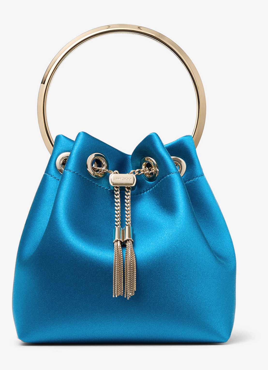 Jimmy Choo Bon Bon handtas van satijn - voorkant lagoon / blauw
