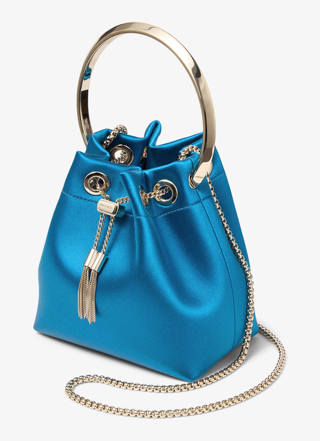 Jimmy Choo Bon Bon handtas van satijn - voorkant 2 lagoon / blauw
