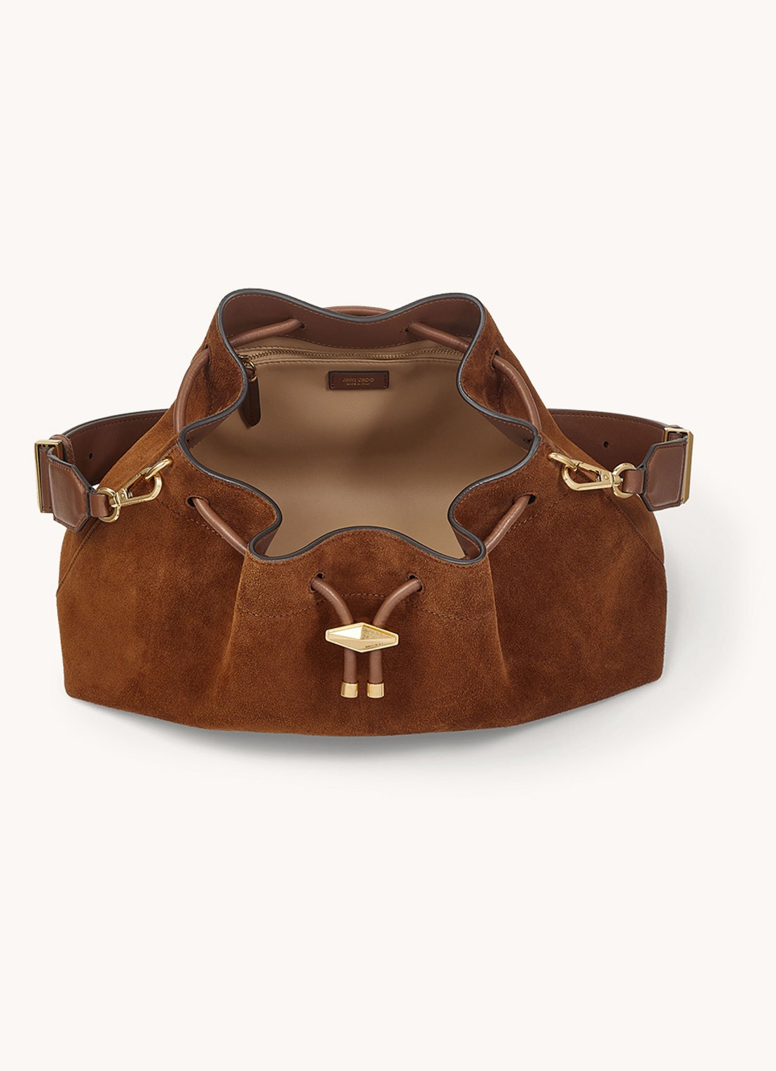 Jimmy Choo Cinch M schoudertas van kalfssuède - detail cognac