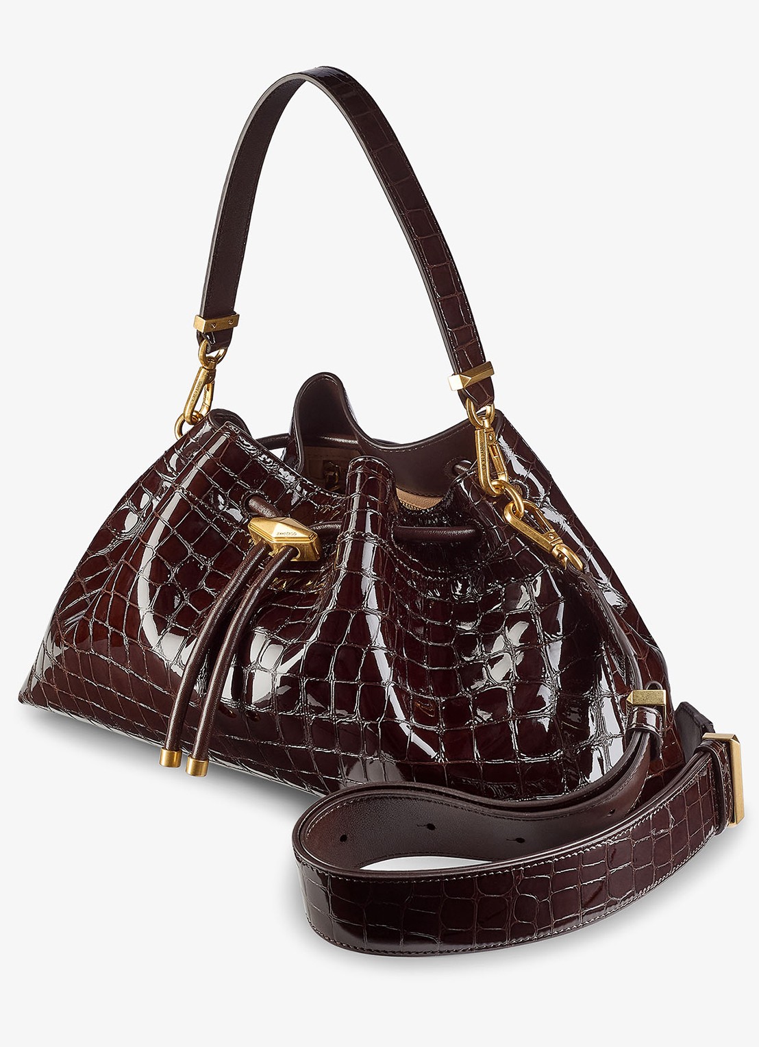 Jimmy Choo Cinch M schoudertas van leer met crocostructuur - voorkant 2 donkerbruin