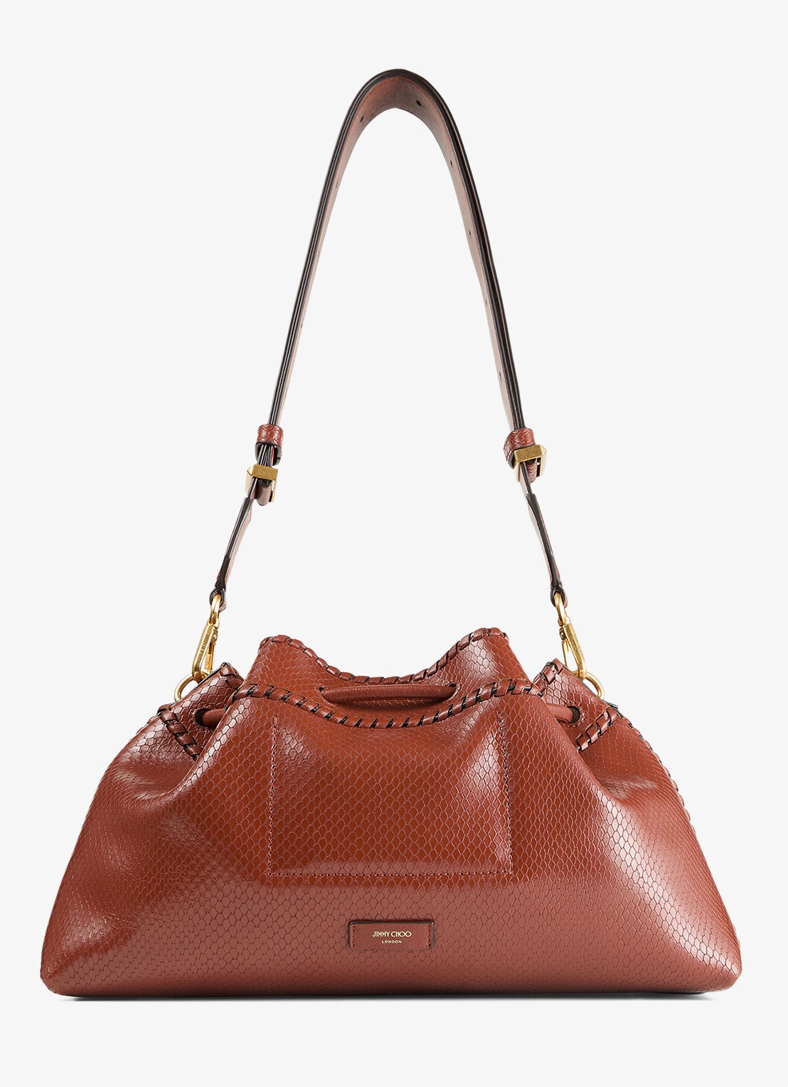Jimmy Choo Cinch M schoudertas van leer met slangenstructuur - achterkant 3 cognac