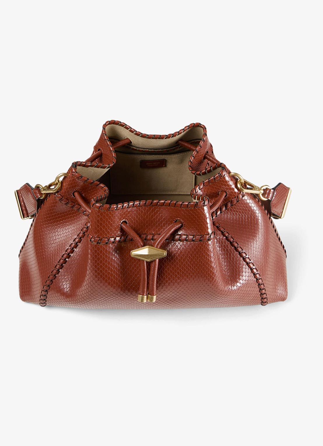 Jimmy Choo Cinch M schoudertas van leer met slangenstructuur - detail cognac
