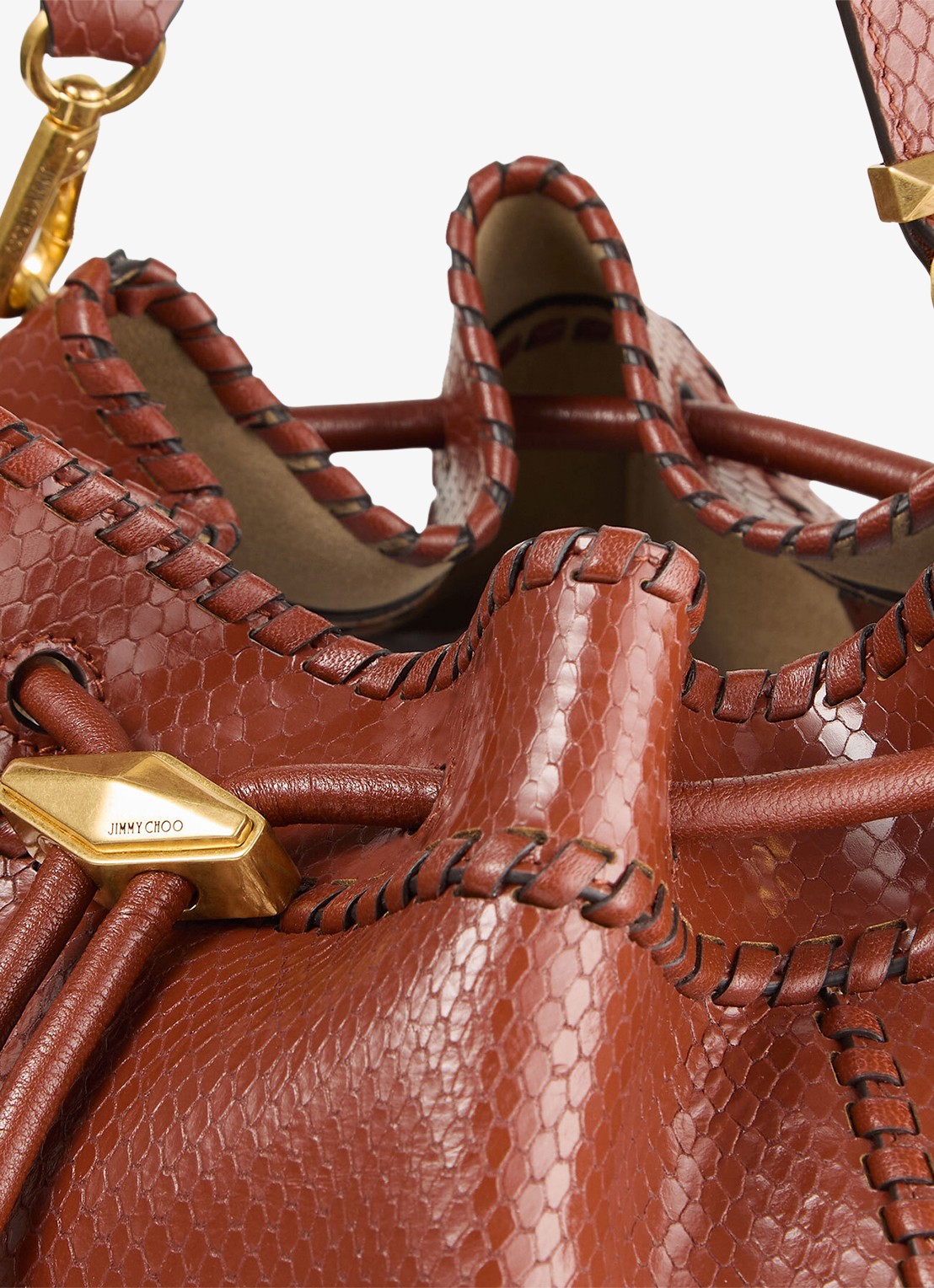 Jimmy Choo Cinch M schoudertas van leer met slangenstructuur - detail 2 cognac