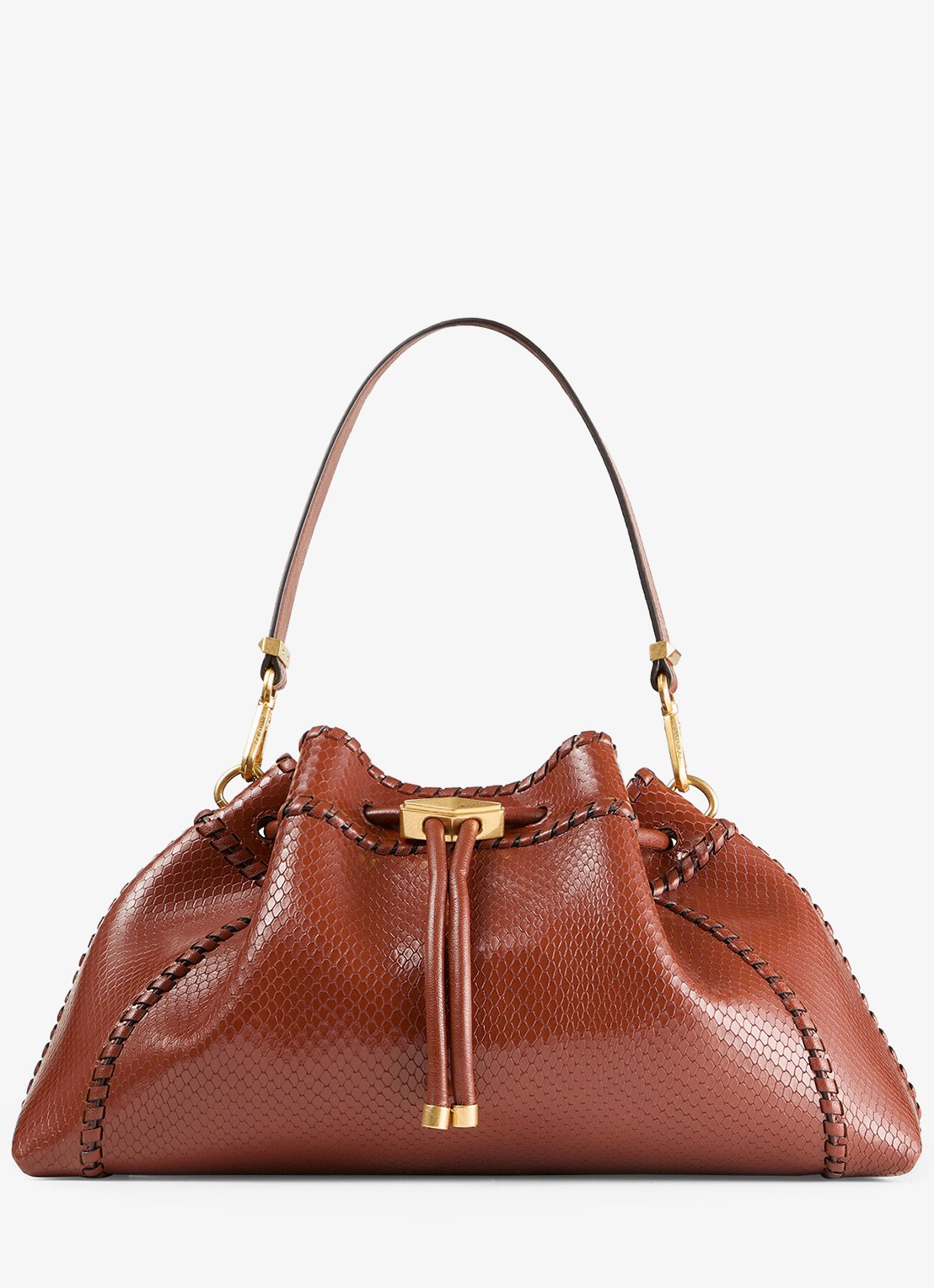 Jimmy Choo Cinch M schoudertas van leer met slangenstructuur - voorkant 4 cognac
