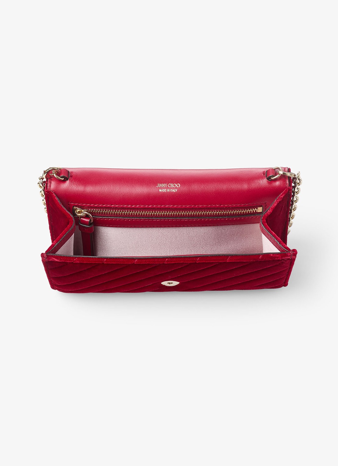 Jimmy Choo Curve clutch van fluweel met afneembare schouderriem - detail rood