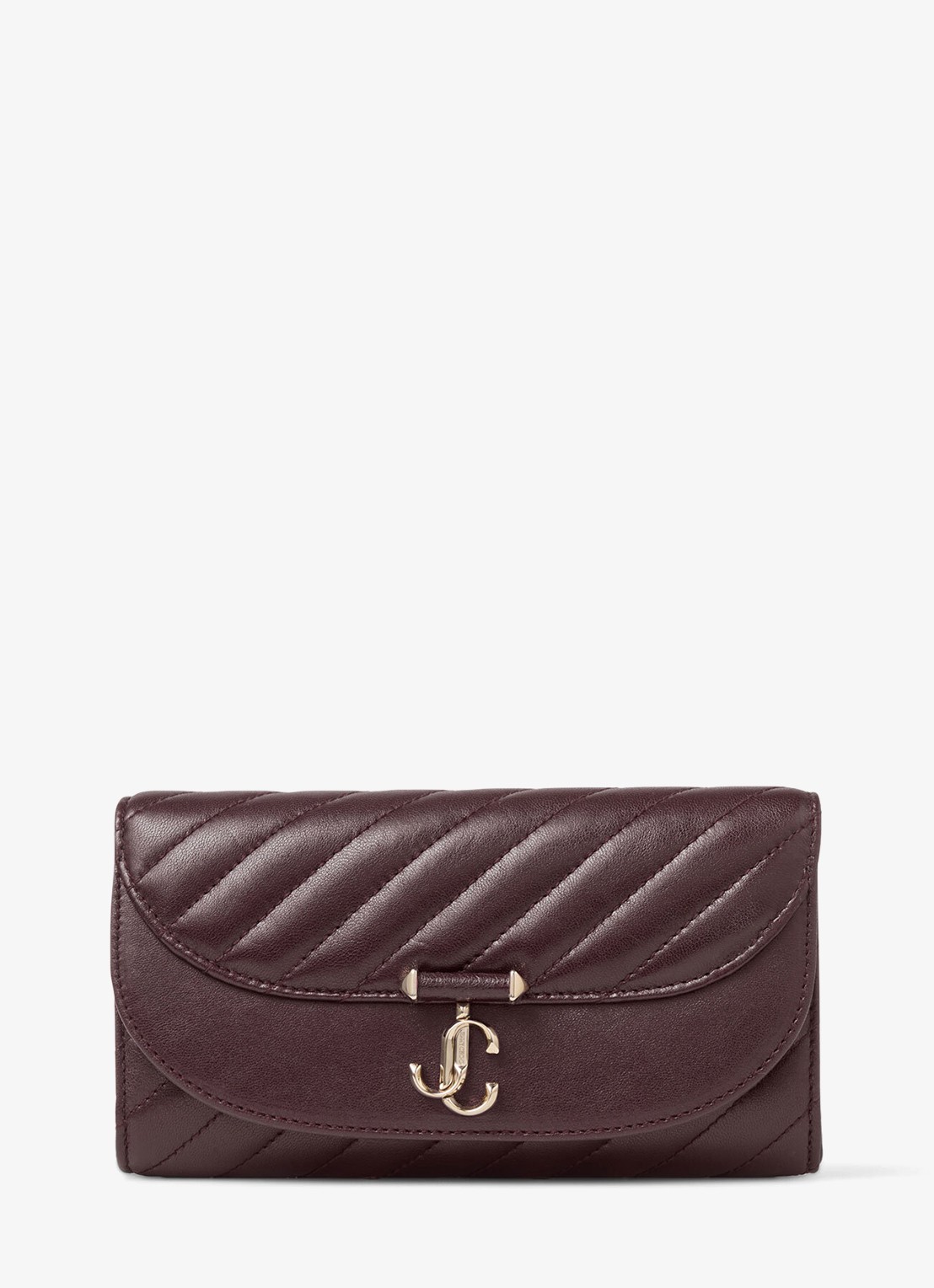 Jimmy Choo Curve clutch van lamsleer met afneembare schouderriem - voorkant deep merlot