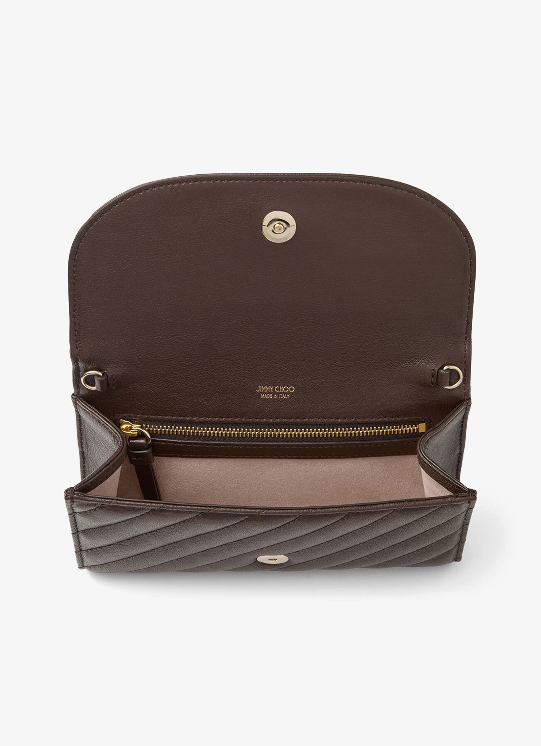 Jimmy Choo Curve clutch van lamsleer met afneembare schouderriem - detail 2 donkerbruin