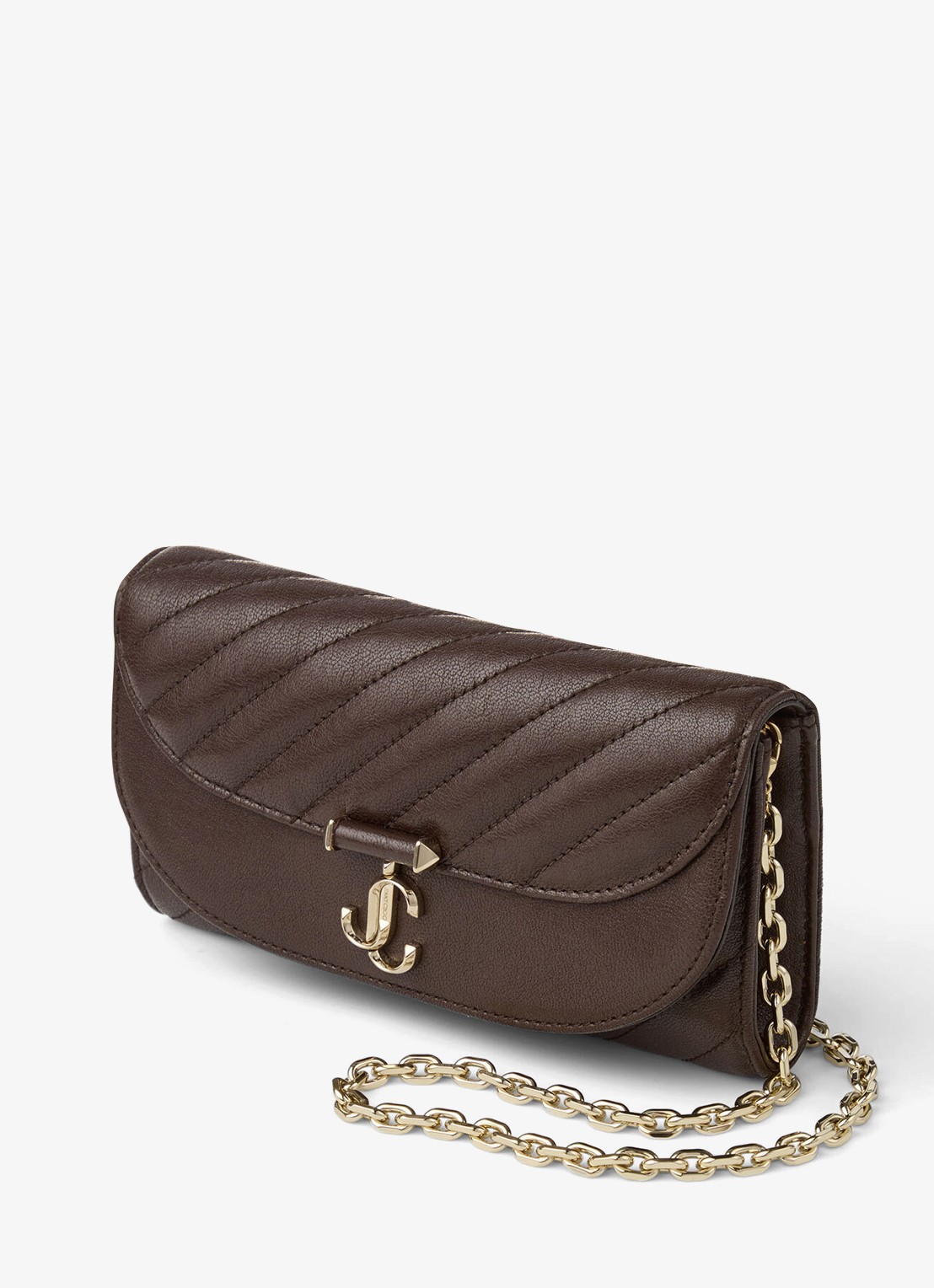 Jimmy Choo Curve clutch van lamsleer met afneembare schouderriem - voorkant 5 donkerbruin