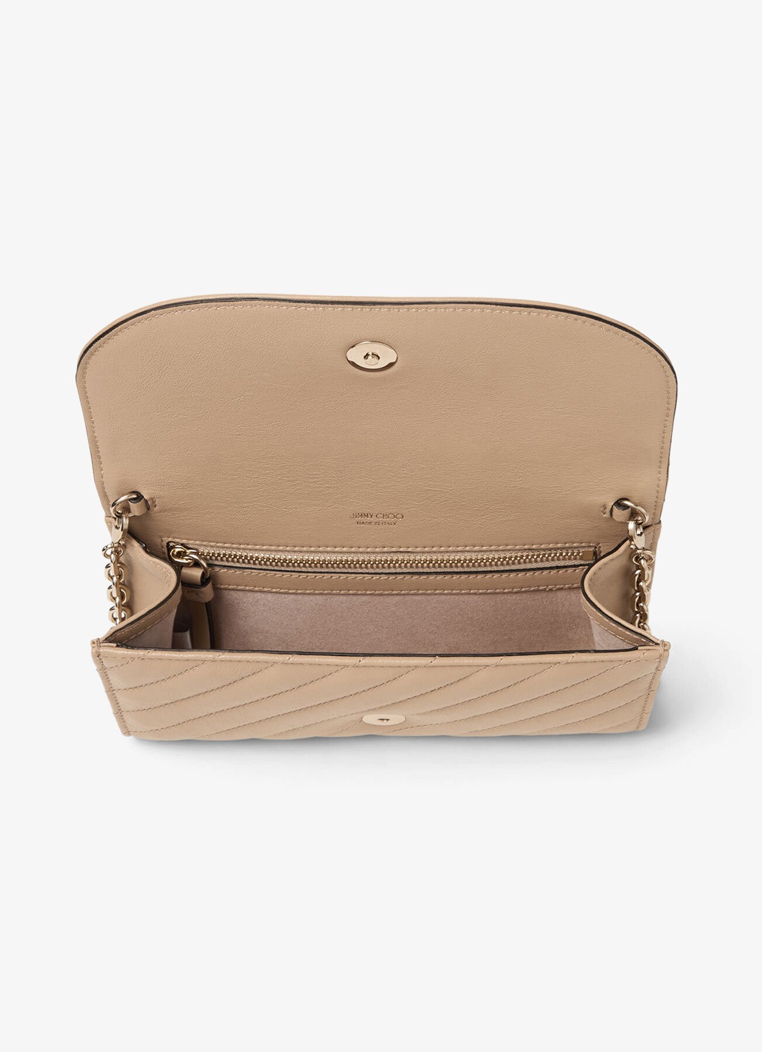 Jimmy Choo Curve clutch van lamsleer met afneembare schouderriem - detail 3 beige