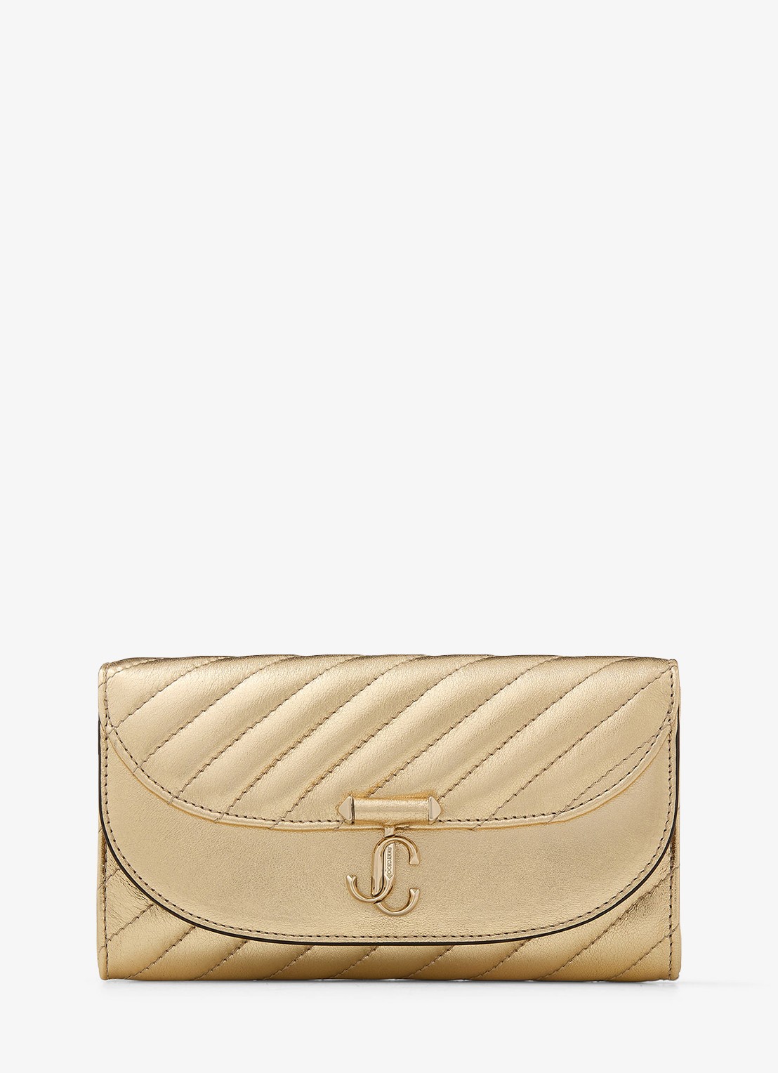 Jimmy Choo Curve clutch van lamsleer met metallic finish en afneembare schouderriem - voorkant 4 goud
