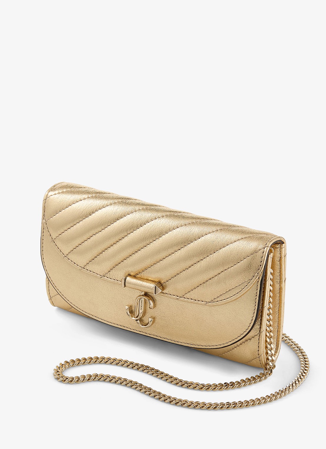 Jimmy Choo Curve clutch van lamsleer met metallic finish en afneembare schouderriem - voorkant 5 goud