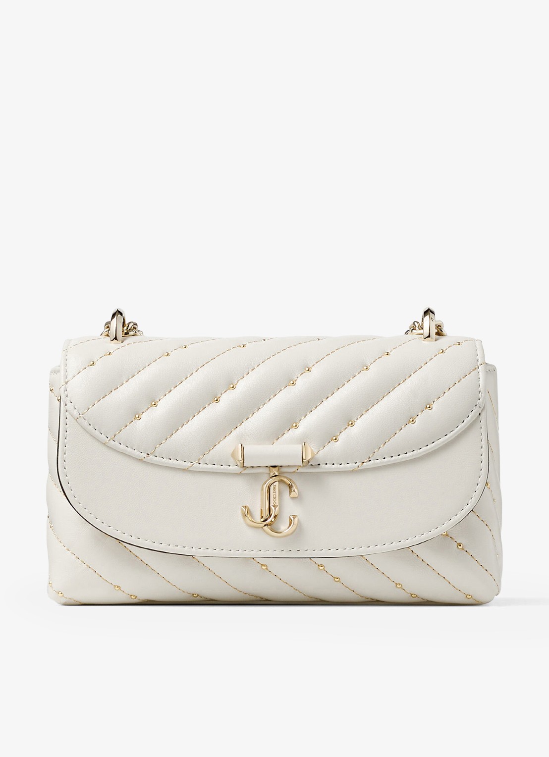 Jimmy Choo Curve S crossbodytas van lamsleer met studs - voorkant 2 gebroken wit