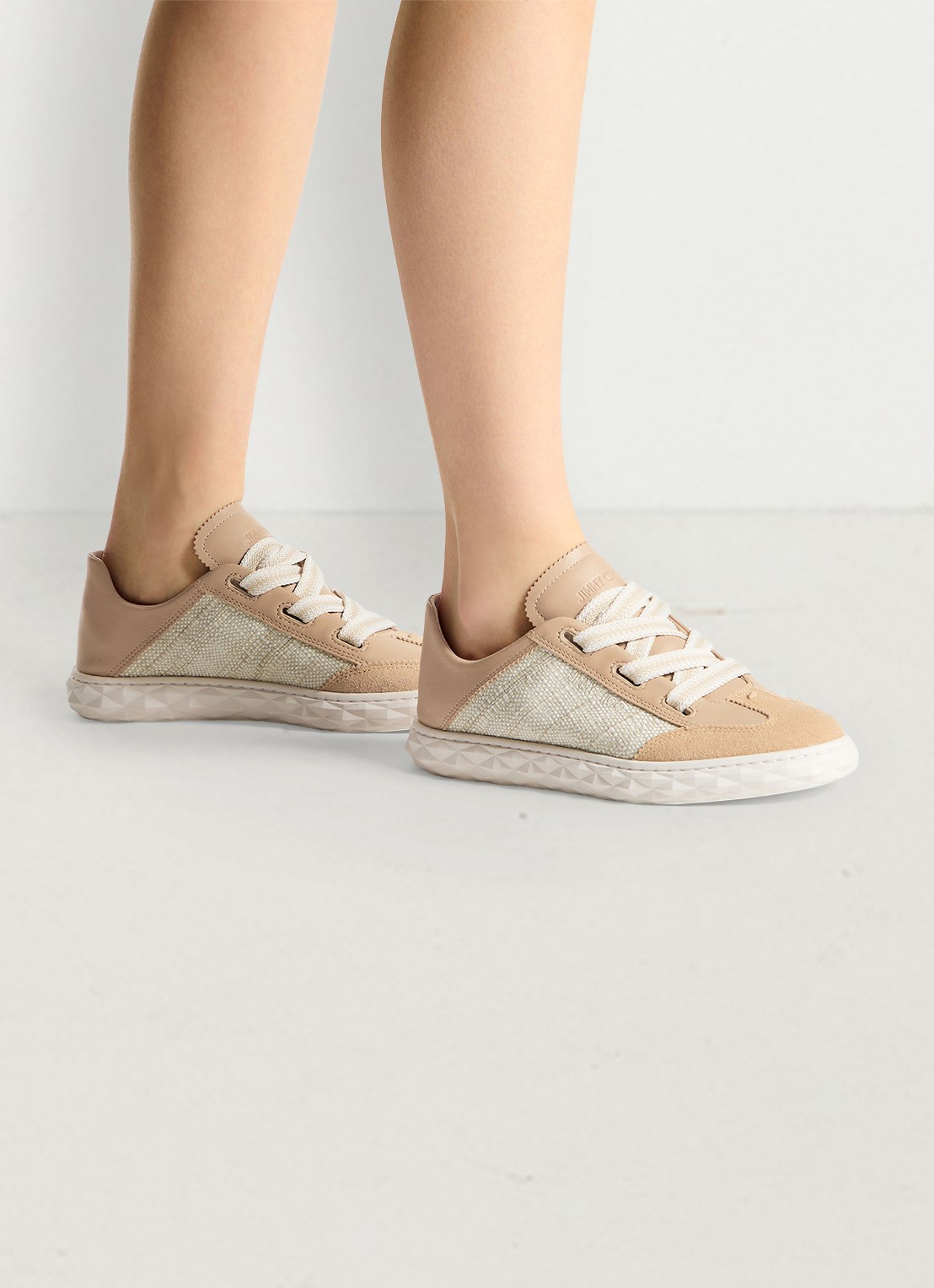 Jimmy Choo Diamond Light Flex/F sneaker van leer met raffia details - voorkant 7 beige