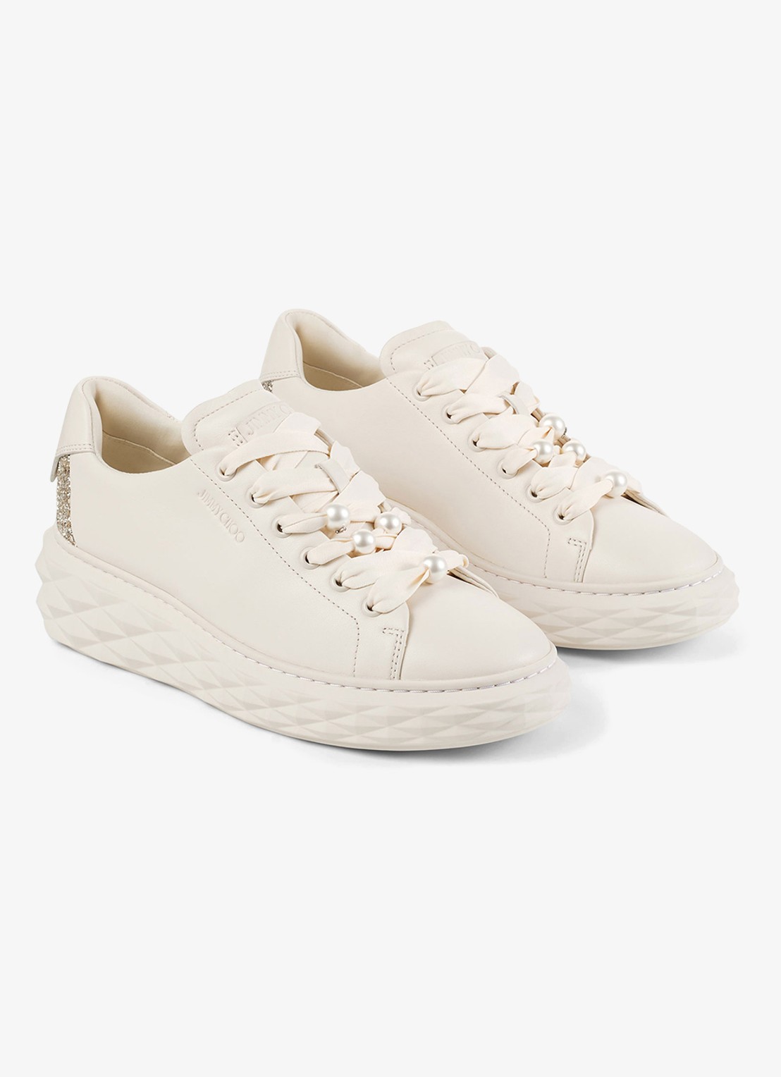 Jimmy Choo Diamond Light Maxi/F sneaker van leer met glitter - voorkant 3 gebroken wit