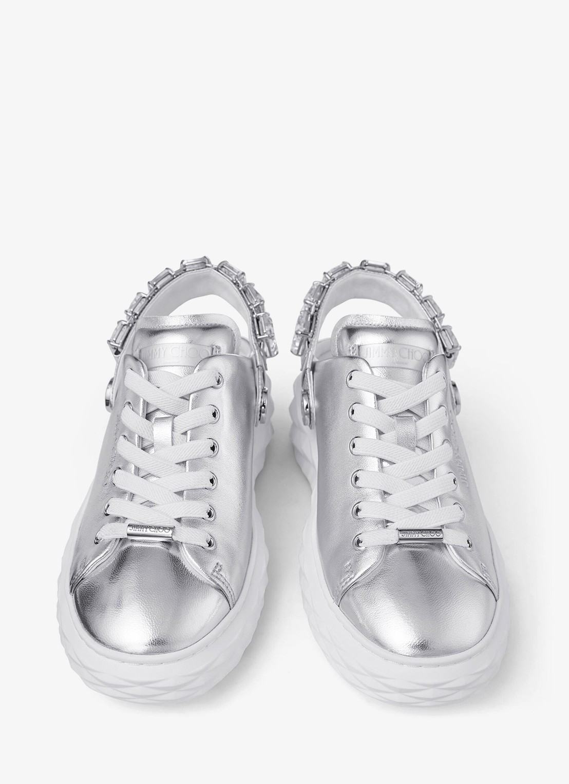 Jimmy Choo Diamond Maxi/Crystal sneaker van schapenleer met metallic finish - detail zilver