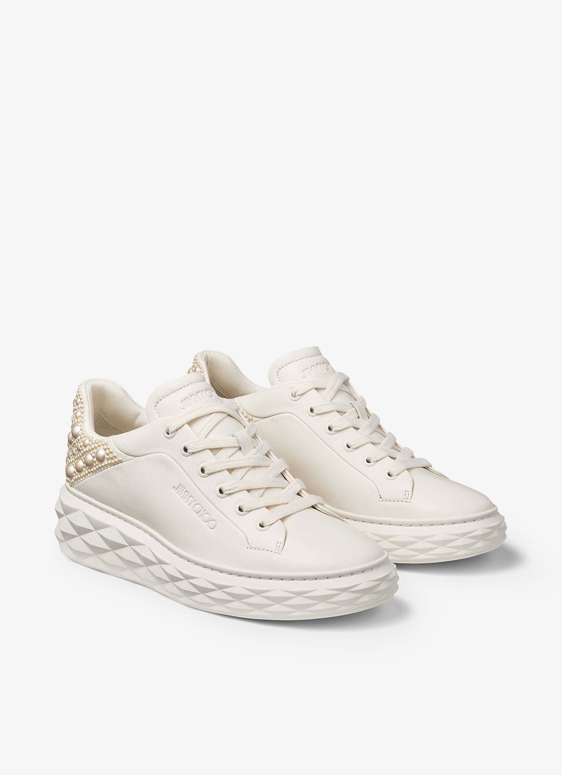 Jimmy Choo Diamond Maxi/F II sneaker van lamsleer met imitatieparels - detail 3 gebroken wit