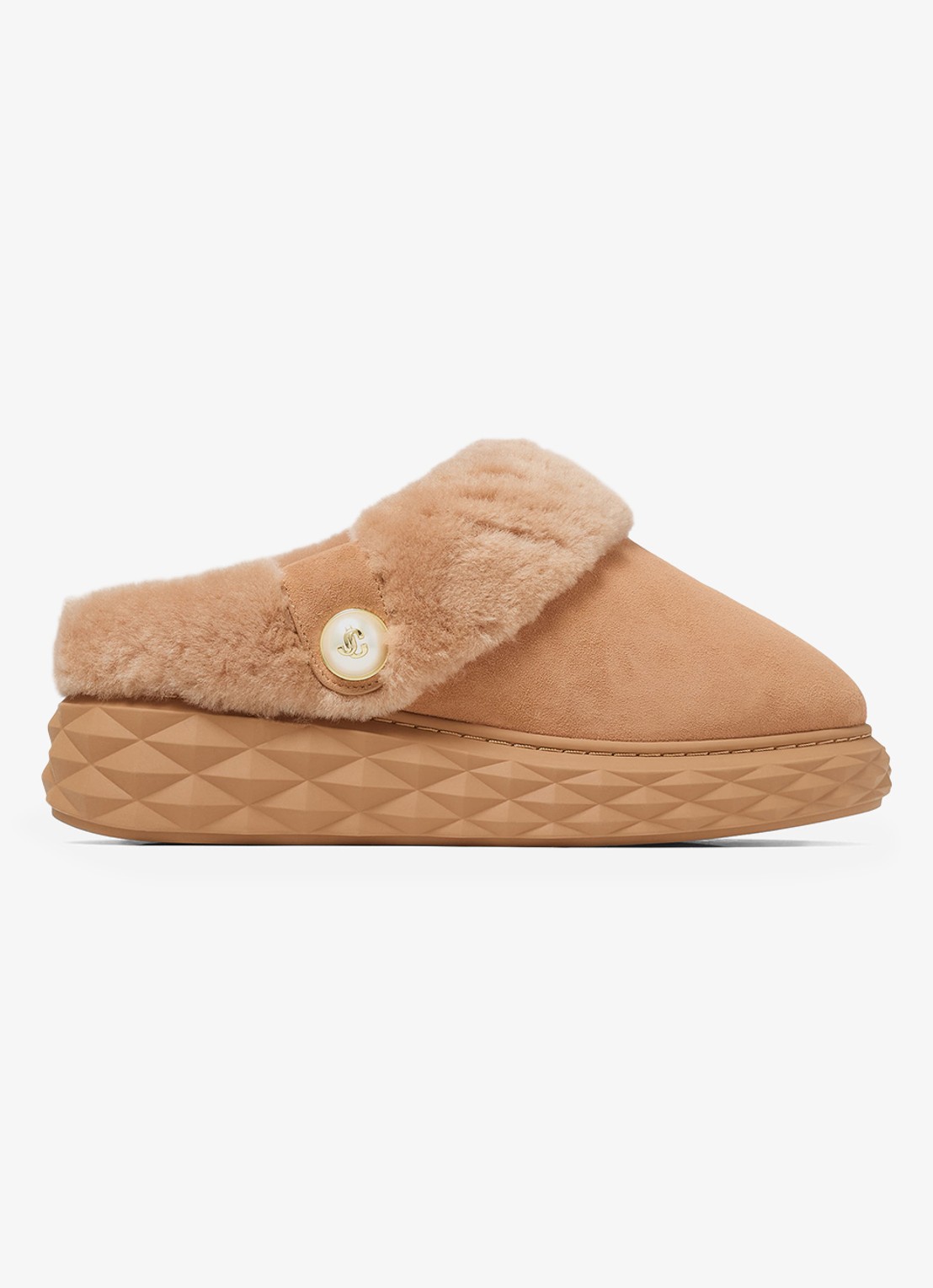 Jimmy Choo Diamond Maxi Mule/F instapper van lamssuède - voorkant lichtbruin
