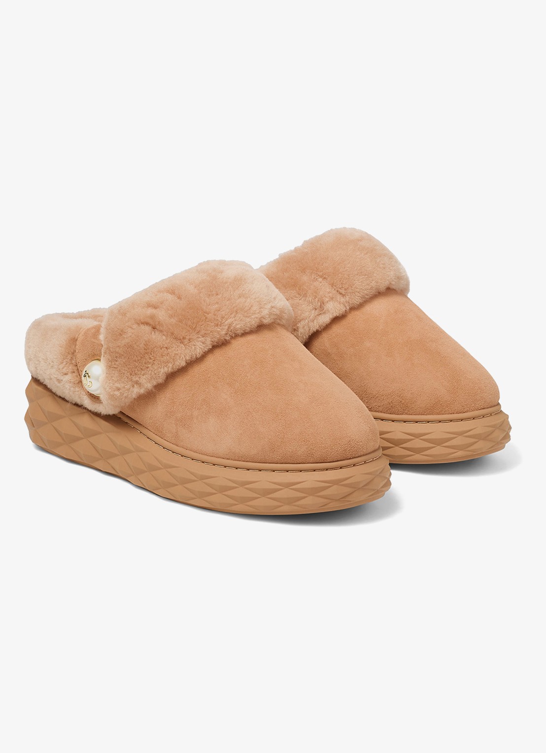 Jimmy Choo Diamond Maxi Mule/F instapper van lamssuède - voorkant 2 lichtbruin