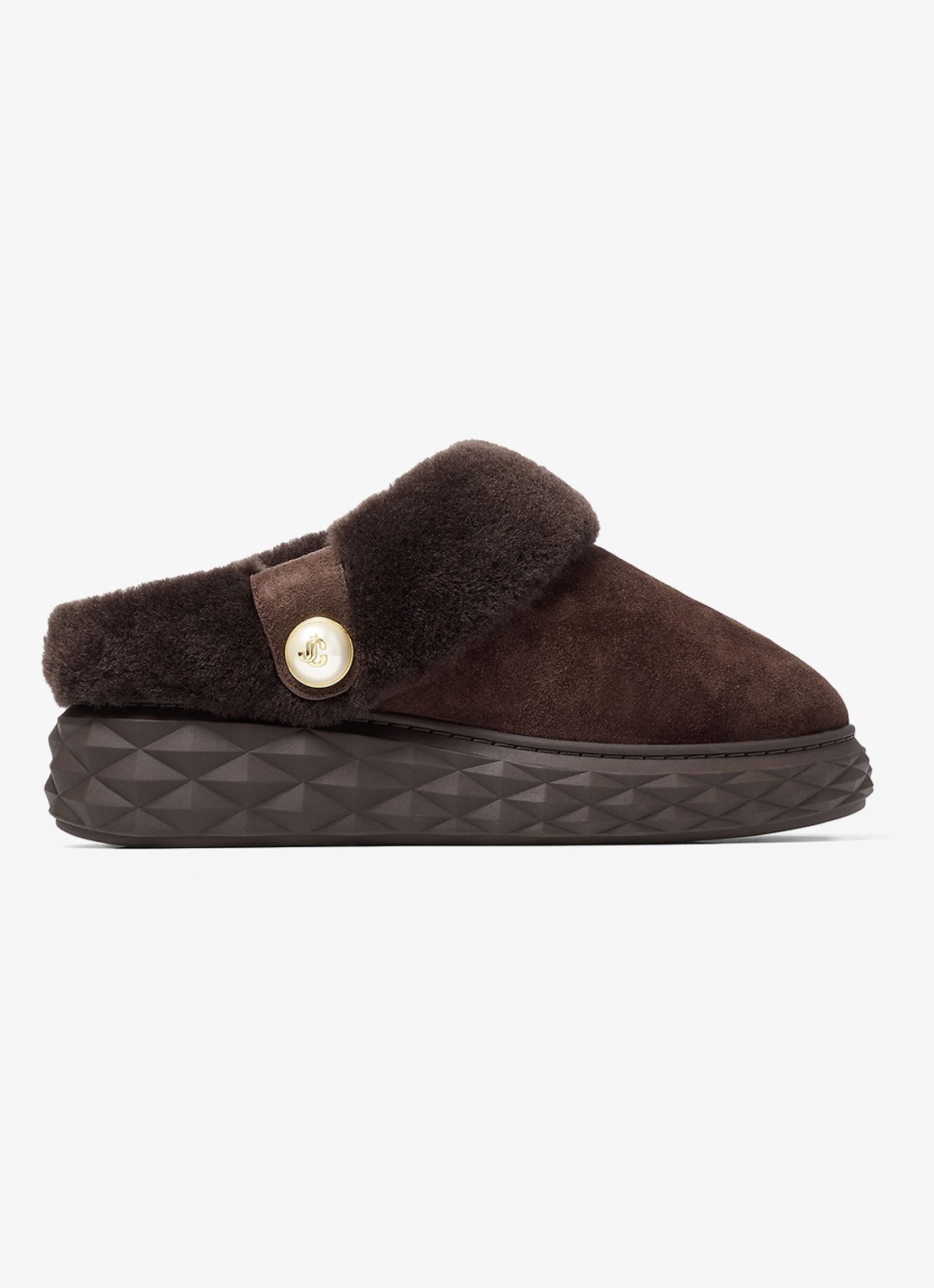 Jimmy Choo Diamond Maxi Mule/F instapper van lamssuède - voorkant 4 donkerbruin