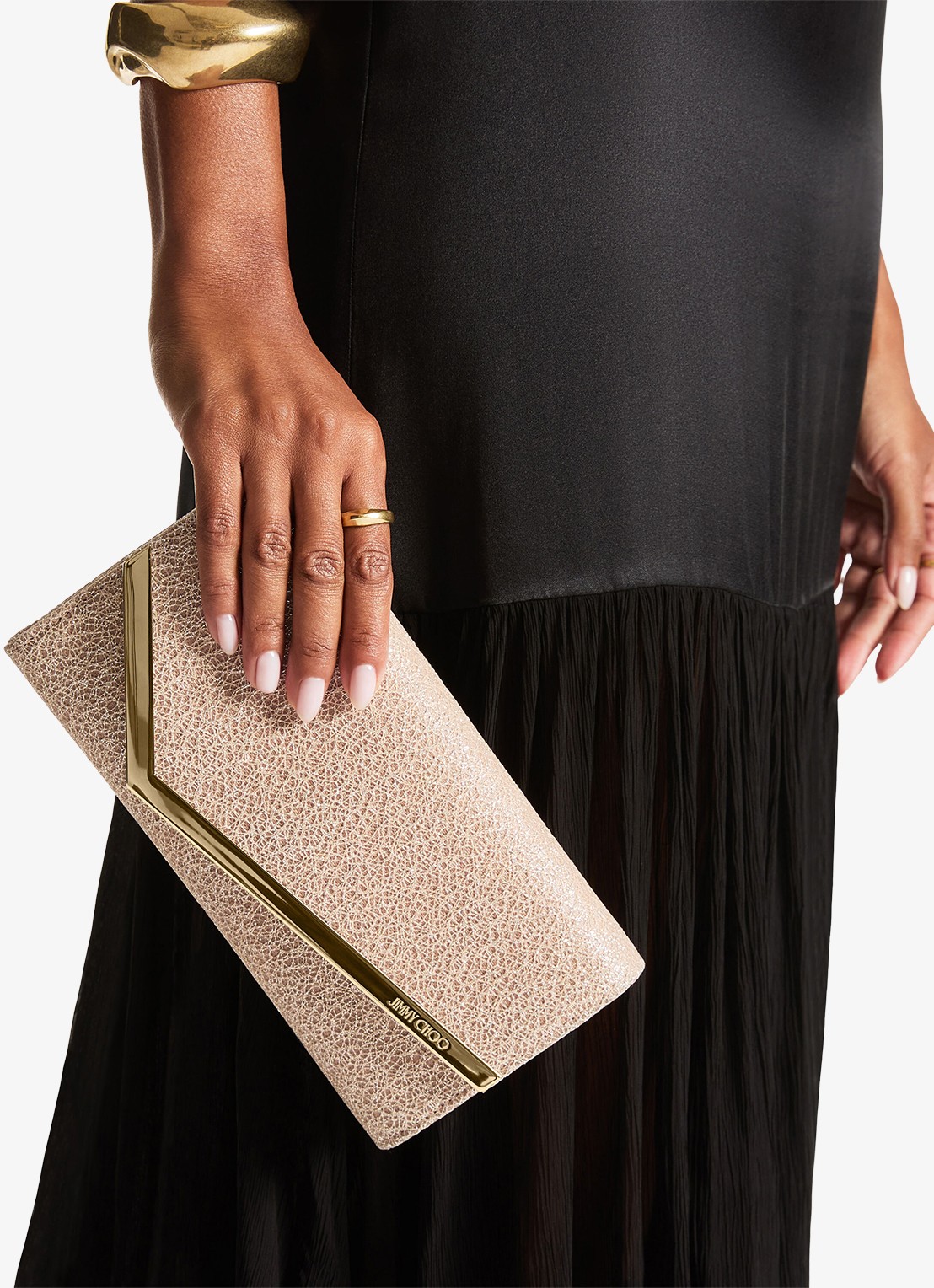 Jimmy Choo Emmie Clutch met glitter en afneembare schouderriem - voorkant 6 beige