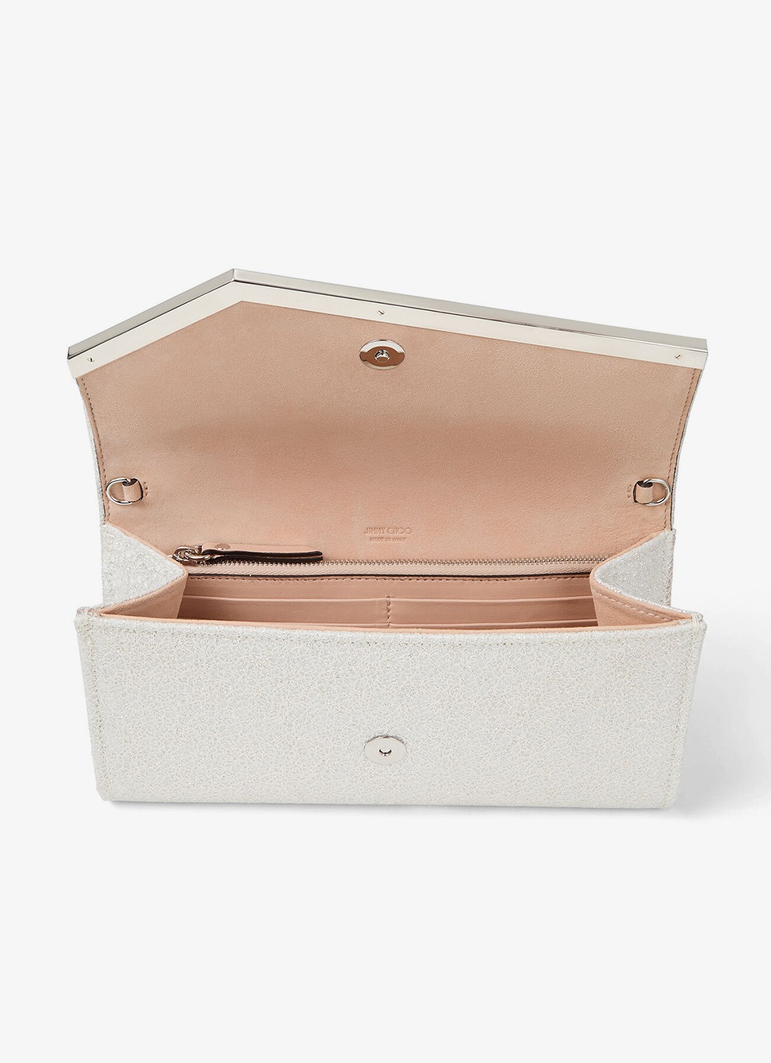 Jimmy Choo Emmie clutch met glitter en afneembare schouderriem - detail 4 zilver