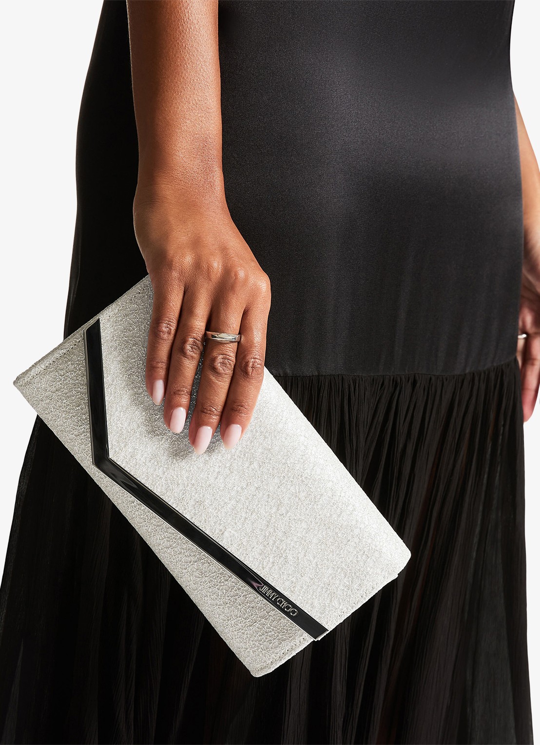 Jimmy Choo Emmie clutch met glitter en afneembare schouderriem - voorkant 2 zilver
